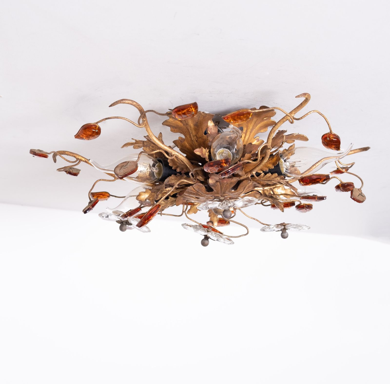 Wonderful Gilded Florentine Flush Mount Light By Banci Firenze 1970s Italy photo vintage
