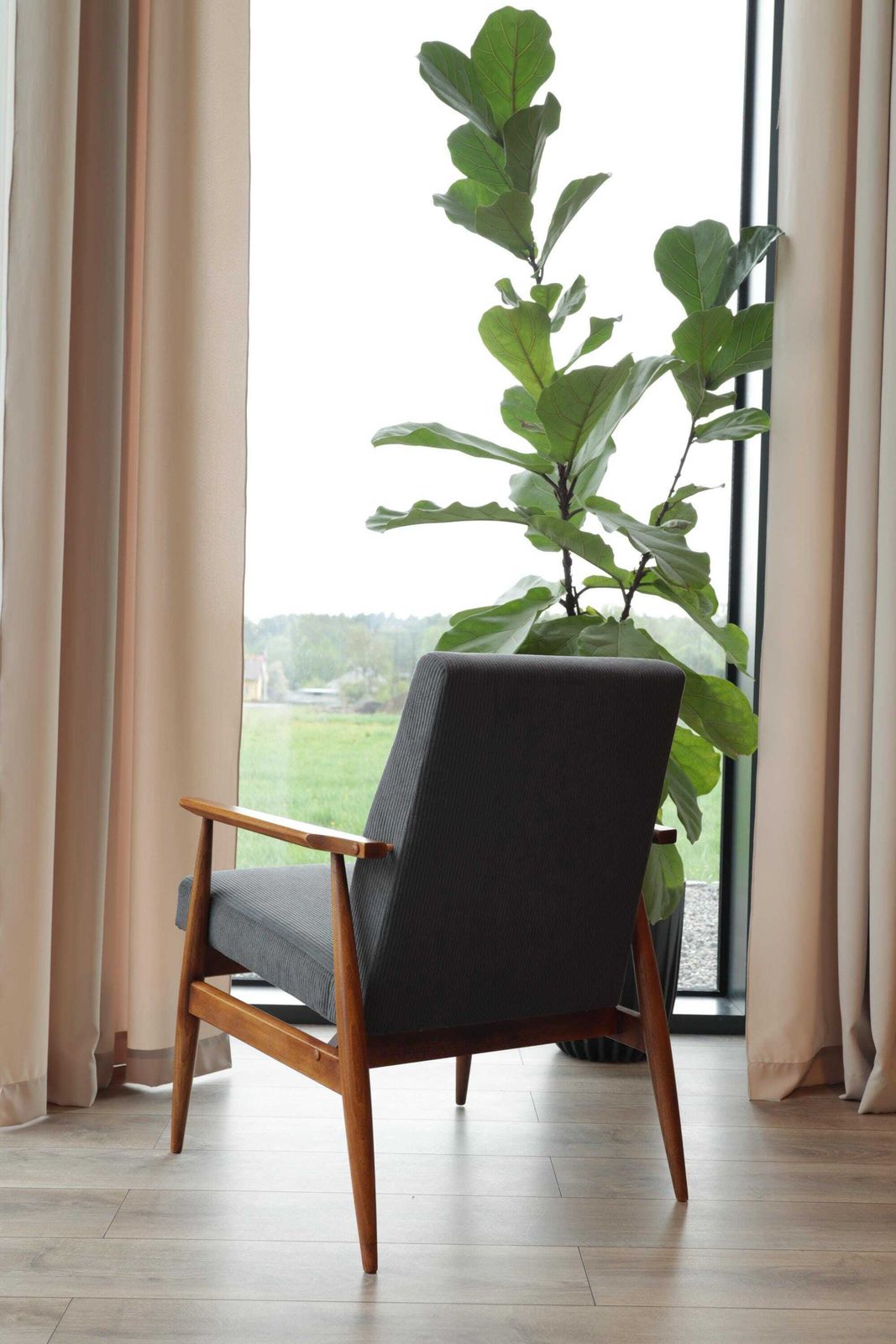 Lounge Chair Corduroy Dark Graphite Vintage Turned Legs Velvet Upholstery photo 349.0