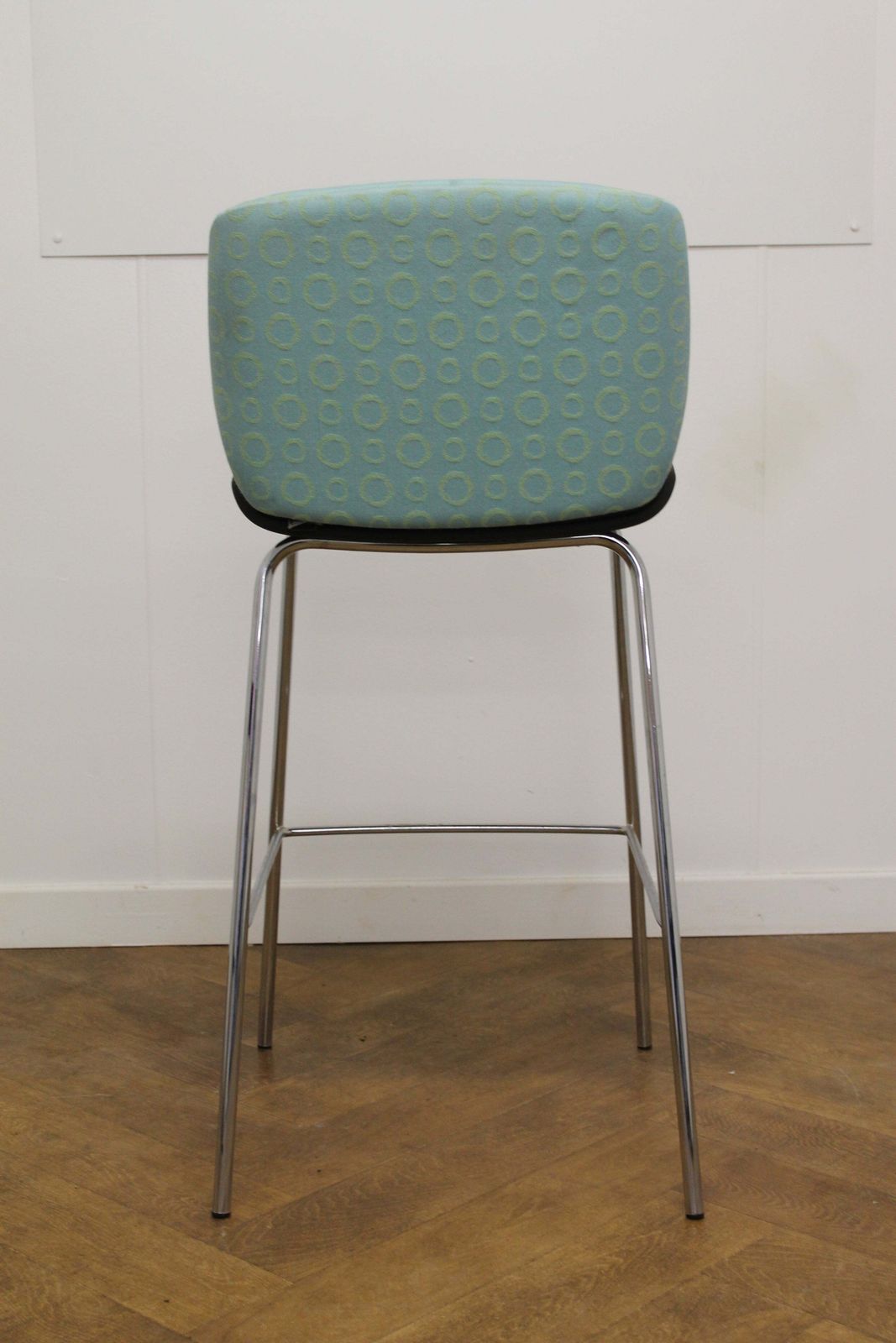 A Pair Of Boss Design Kruze Stool With Patterned Turquoise Cloth Back Brown Cloth Seat photo for sale