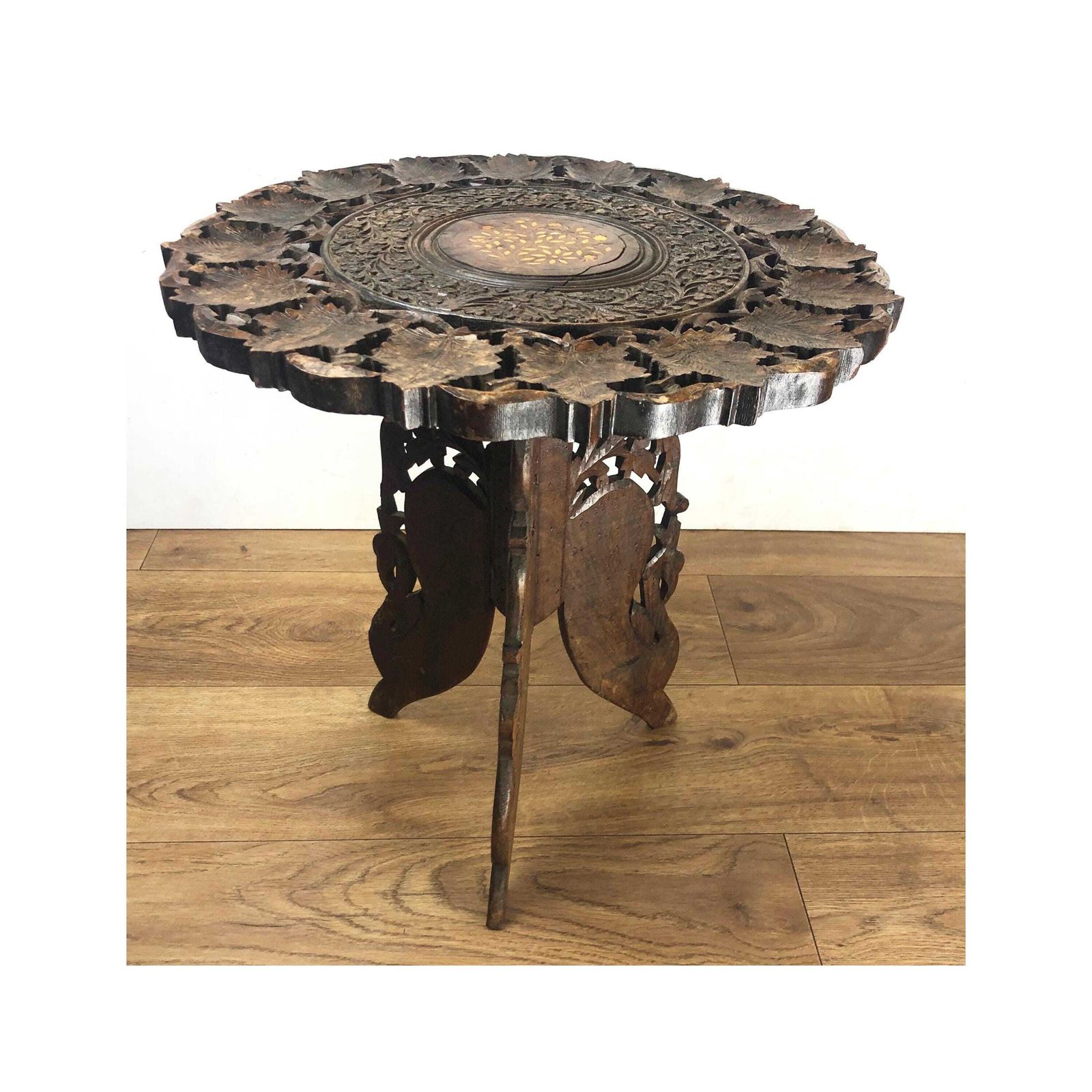 Vintage Round Indian Side Table Small Ornate Hand Carved Tea Table Indian Teak Side Table Inlay Top Anglo Indian Style Carved End Table photo for sale
