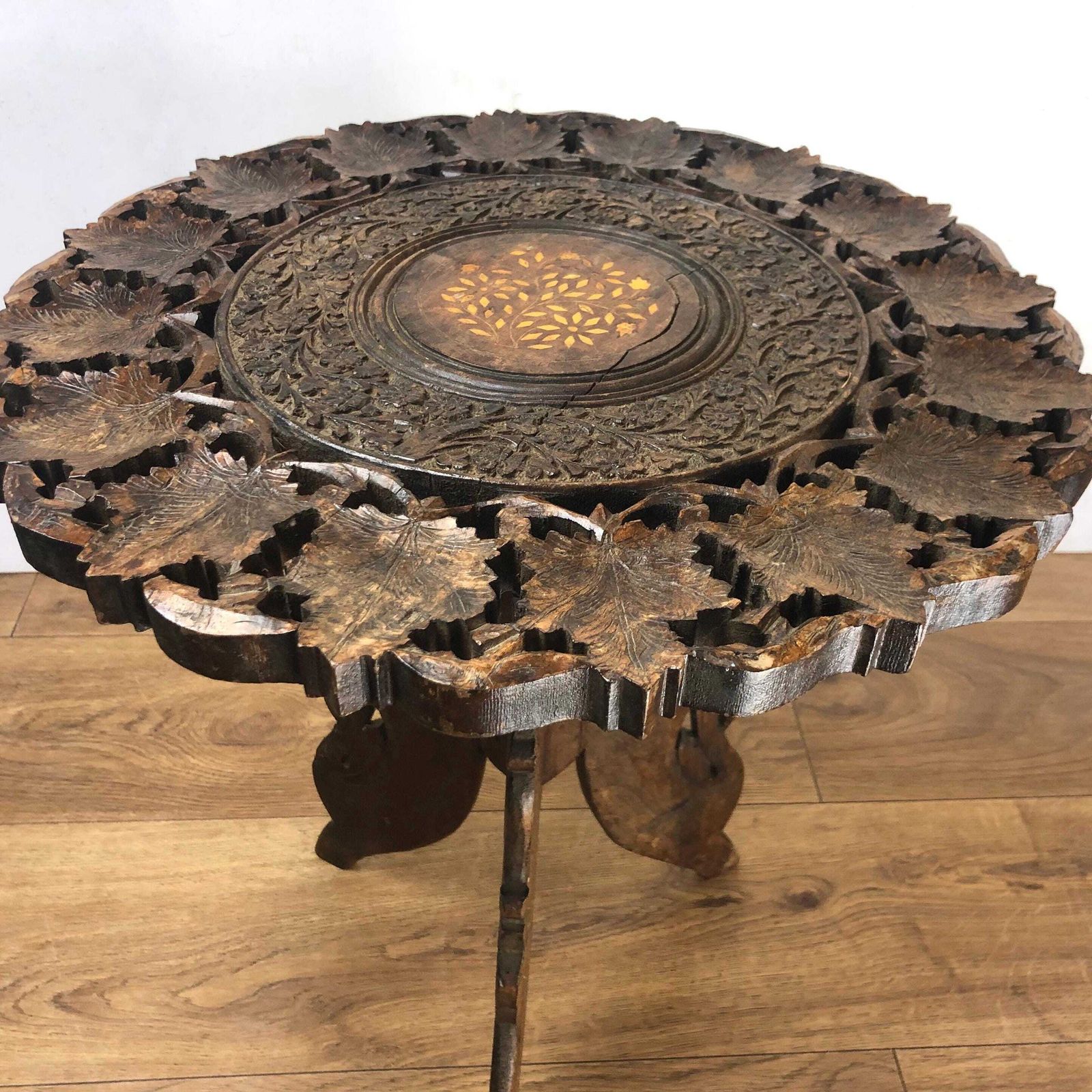 Vintage Round Indian Side Table Small Ornate Hand Carved Tea Table Indian Teak Side Table Inlay Top Anglo Indian Style Carved End Table photo Furniture
