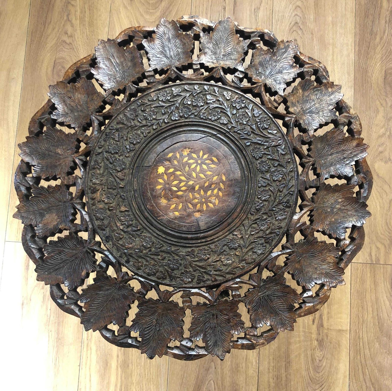 Vintage Round Indian Side Table Small Ornate Hand Carved Tea Table Indian Teak Side Table Inlay Top Anglo Indian Style Carved End Table photo 96.0