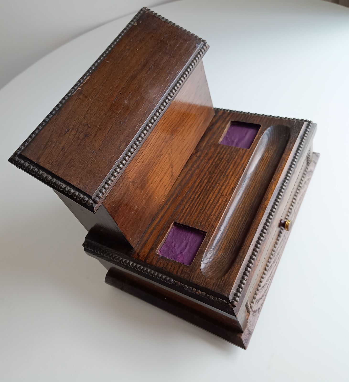 Antique English Small Oak Desk Tidy With Lidded Papers Holder And Pull Out Drawer, Cut Crystal Inkwells photo buy