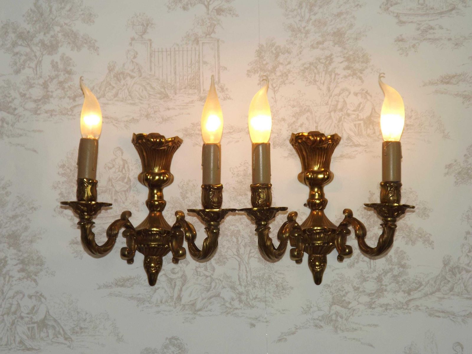 Pair French Baroque Double Brass Wall Lights Acanthus & Basket Weave Detail   French Vintage Lighting. Double Wall Sconces. Brass Wall Ligh