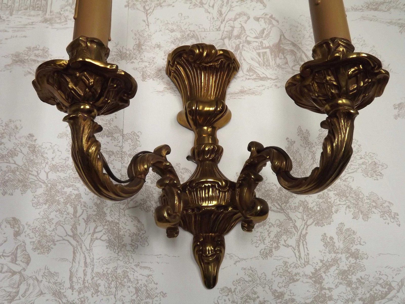 Pair French Baroque Double Brass Wall Lights Acanthus & Basket Weave Detail   French Vintage Lighting. Double Wall Sconces. Brass Wall Ligh photo vintage