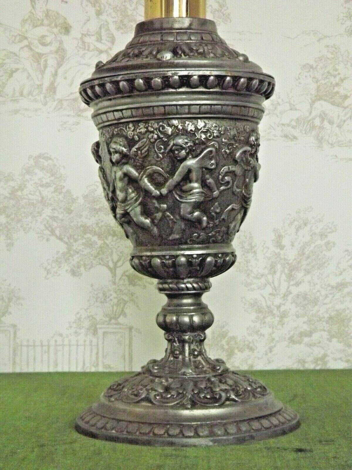 Antique French Pewter Traditional Urn Shaped Lamp Base With Dancing Cherubs   Vintage French Lighting. Cherub Oil Lantern.Pewter Lamp Base photo Lighting
