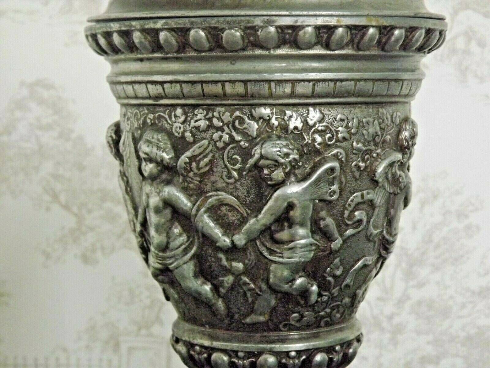 Antique French Pewter Traditional Urn Shaped Lamp Base With Dancing Cherubs   Vintage French Lighting. Cherub Oil Lantern.Pewter Lamp Base photo vinterior
