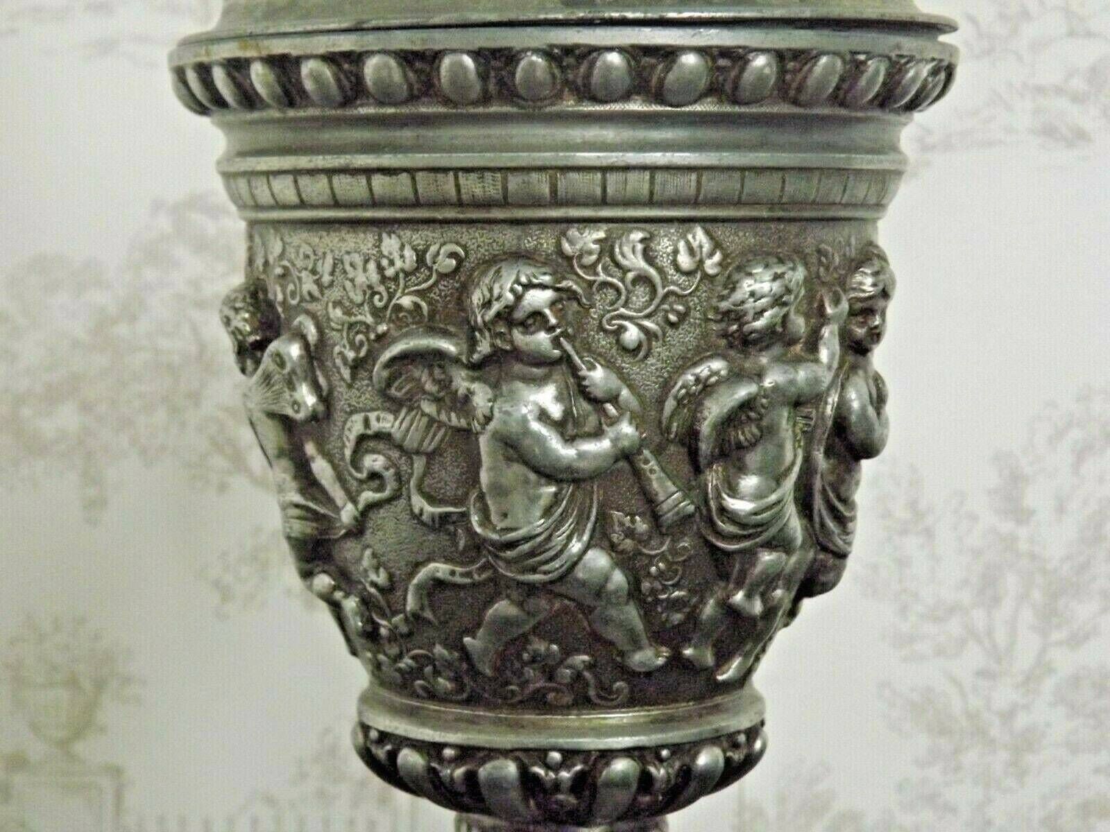 Antique French Pewter Traditional Urn Shaped Lamp Base With Dancing Cherubs   Vintage French Lighting. Cherub Oil Lantern.Pewter Lamp Base photo vintage