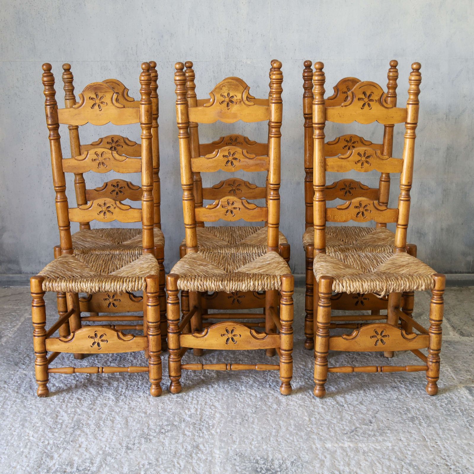 Set Of 6 Spanish Country Style Carved Ladder Back Dining Chairs photo furniture