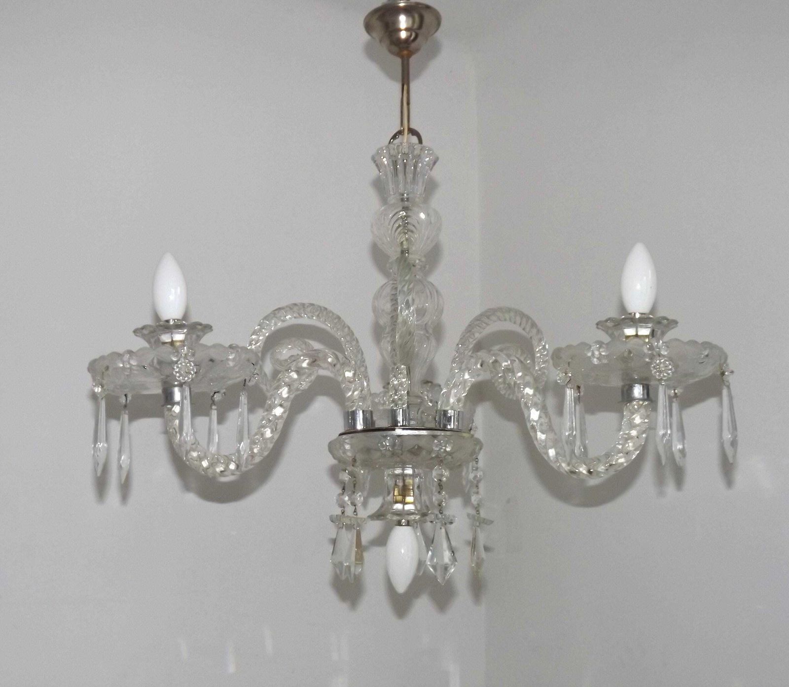 French Antique Glass And Crystal Barley Twist 3 Armed 4 Light Chandelier   French Antique Lightng. Glass Crystal Barley Twist Chandelier.