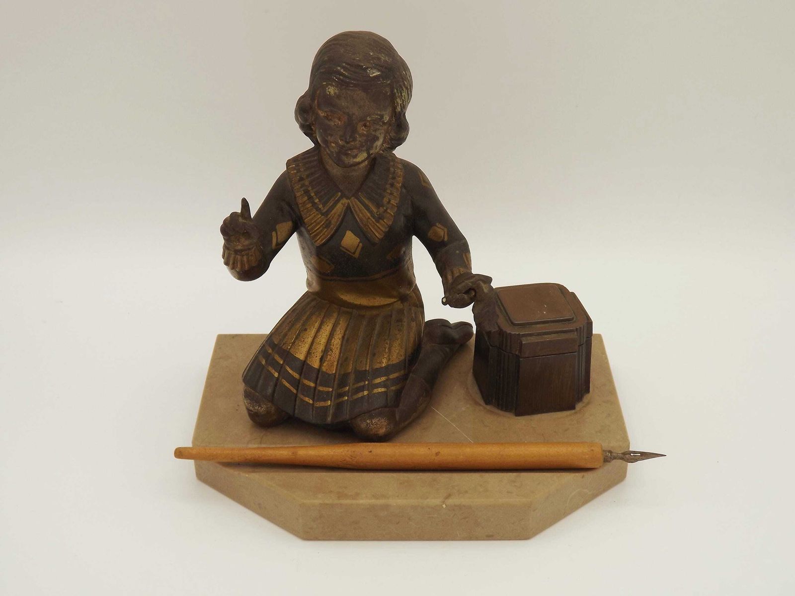 French Art Deco Ink Well With A Figure Young Girl Kneeling On Marble Base  French Antique. Art Deco Desk Ornament. Ink Well With Quill Pen