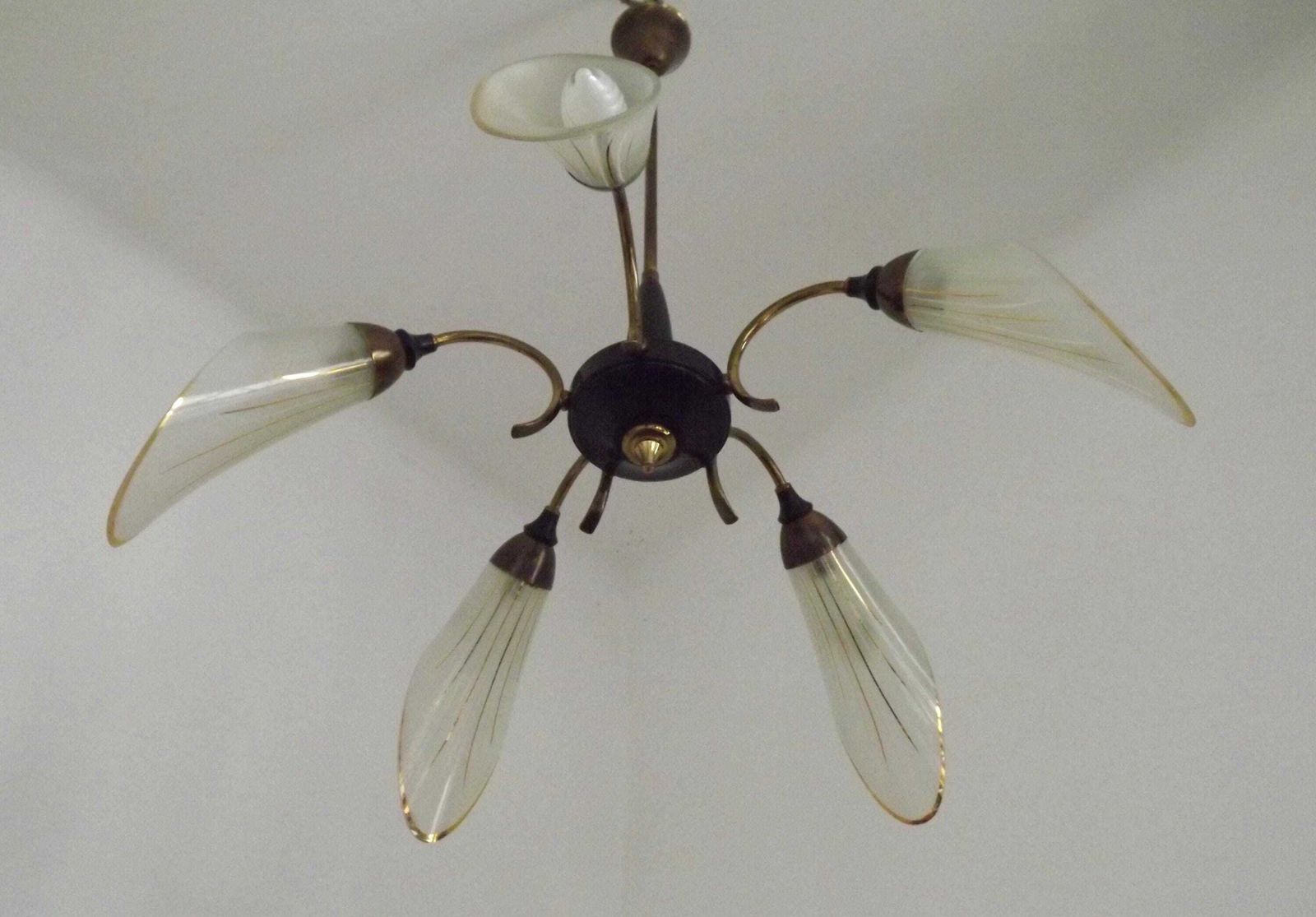French Vintage Retro Mid Century Black & Gold 5 Arm Chandelier Glass Shades   French Vintage Lighting. Retro Chandelier. Opaque Glass Shades photo for sale