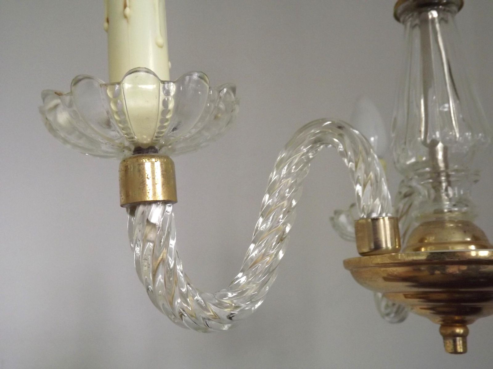Beautiful French Barley Twist Glass Arms And Gold Metal 3 Light Chandelier   French Vintage Lighting. Cut Glass And Gold Metal Chandelier. photo vintage