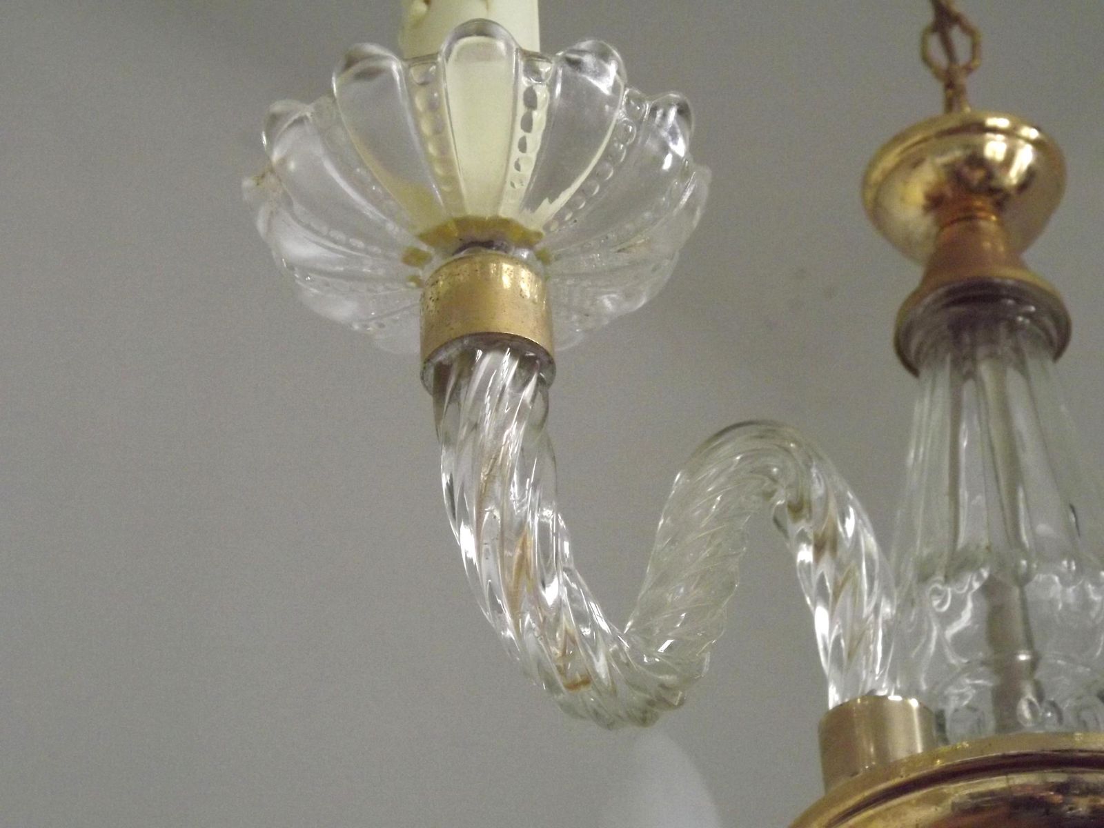 photo for sale Beautiful French Barley Twist Glass Arms And Gold Metal 3 Light Chandelier   French Vintage Lighting. Cut Glass And Gold Metal Chandelier.