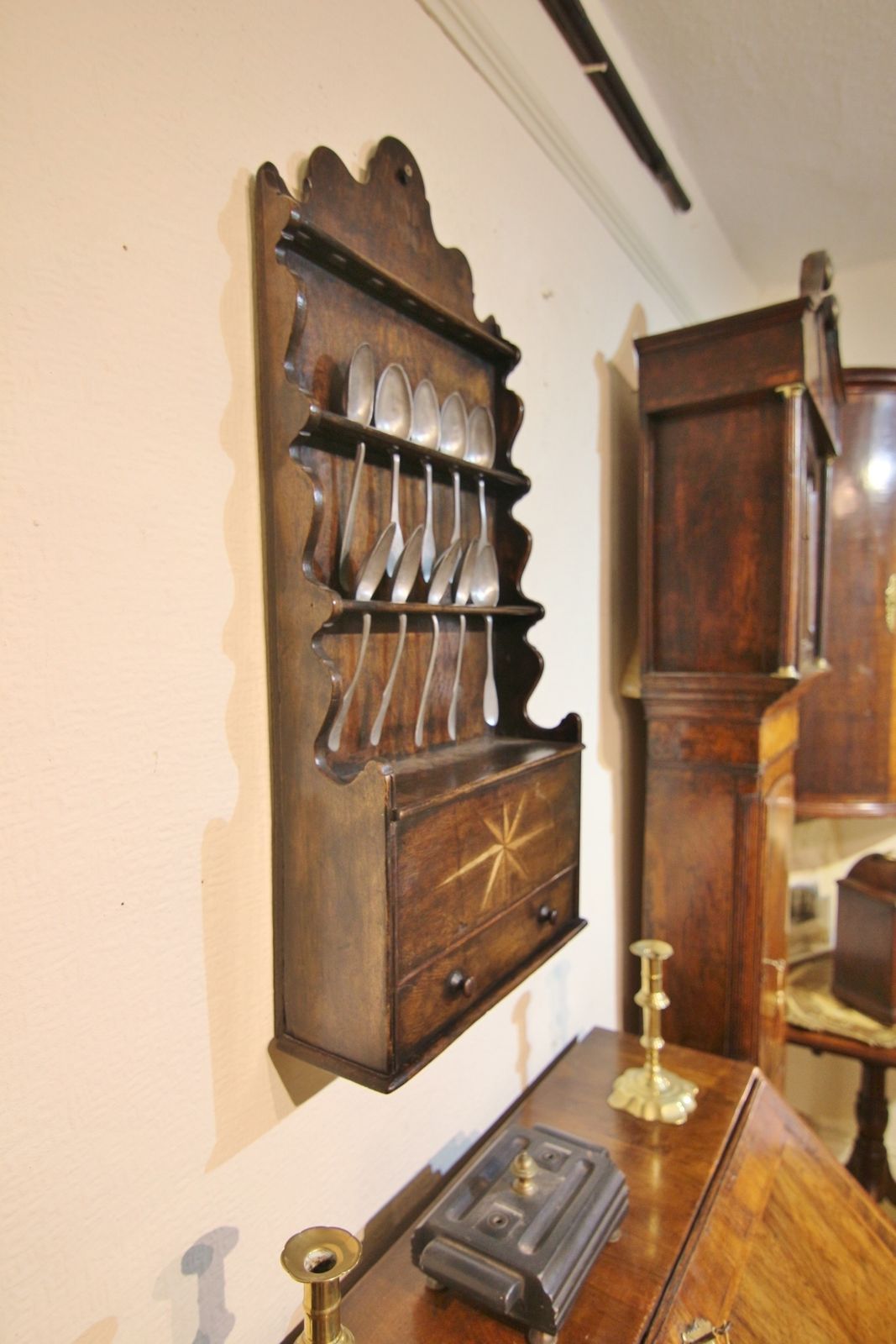 Georgian Inlaid Oak Spoonrack & Pewter Spoons photo buy