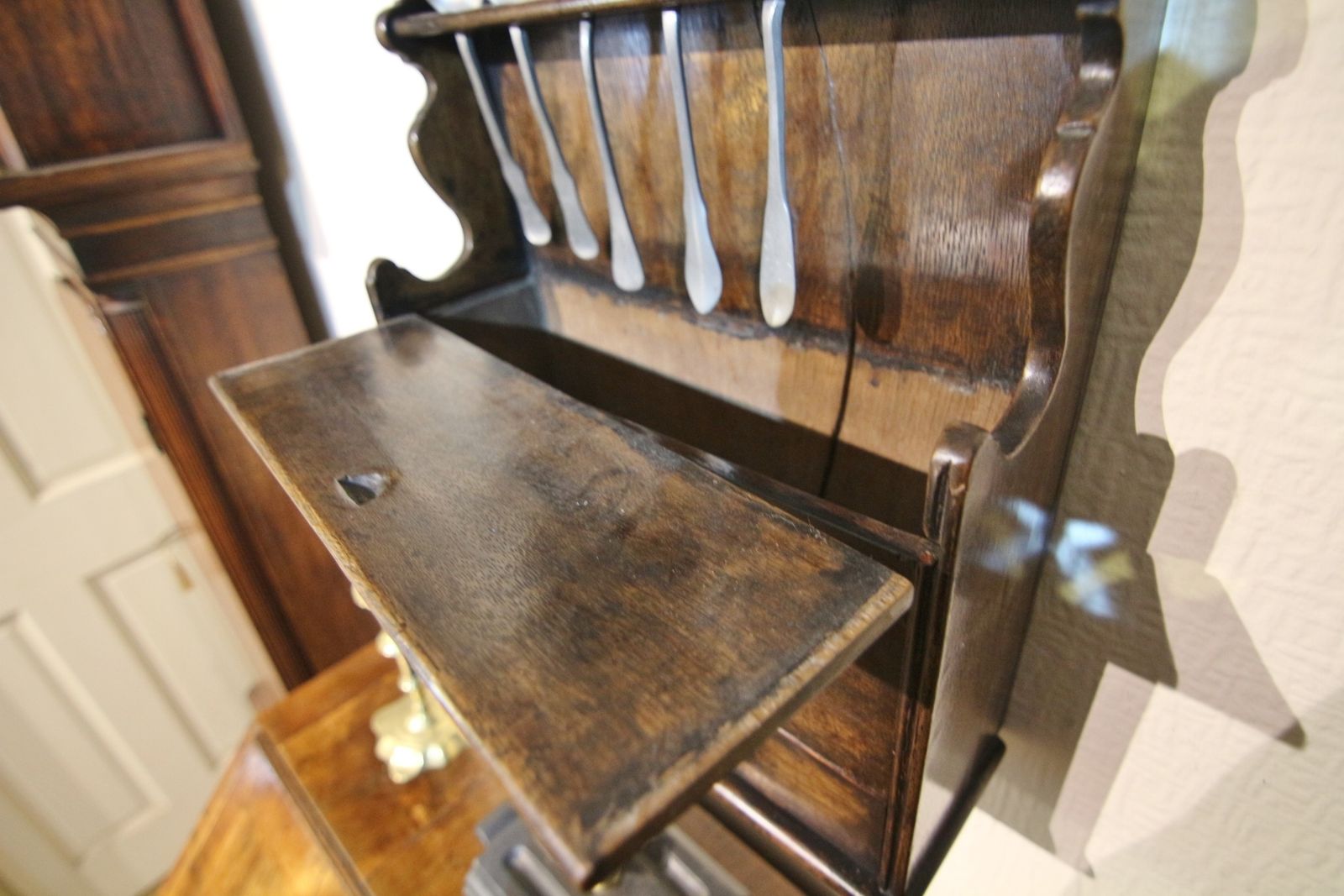 Georgian Inlaid Oak Spoonrack & Pewter Spoons photo vintage