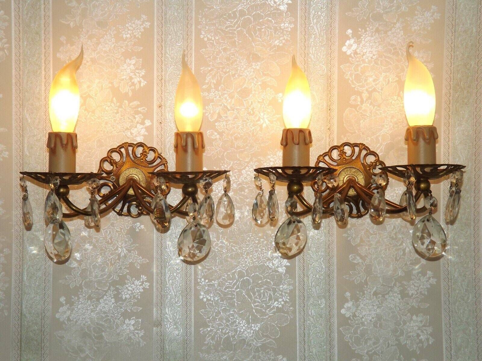 Pair French Vintage Brass Double Wall Lights With Assorted Crystal Drops   French Vintage Lighting. Double Light Crystal Wall Sconces. photo furniture