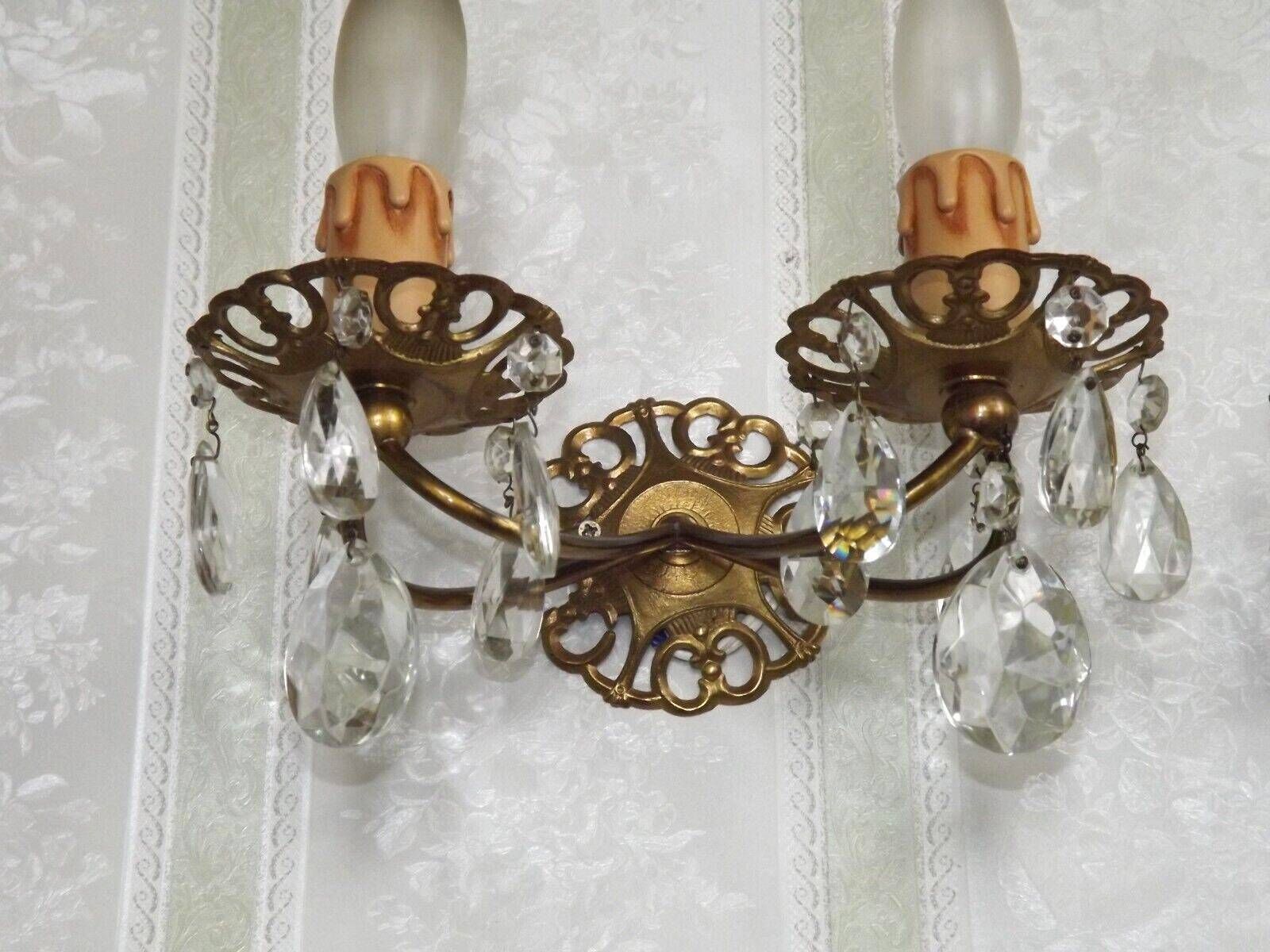 Pair French Vintage Brass Double Wall Lights With Assorted Crystal Drops   French Vintage Lighting. Double Light Crystal Wall Sconces. photo vintage