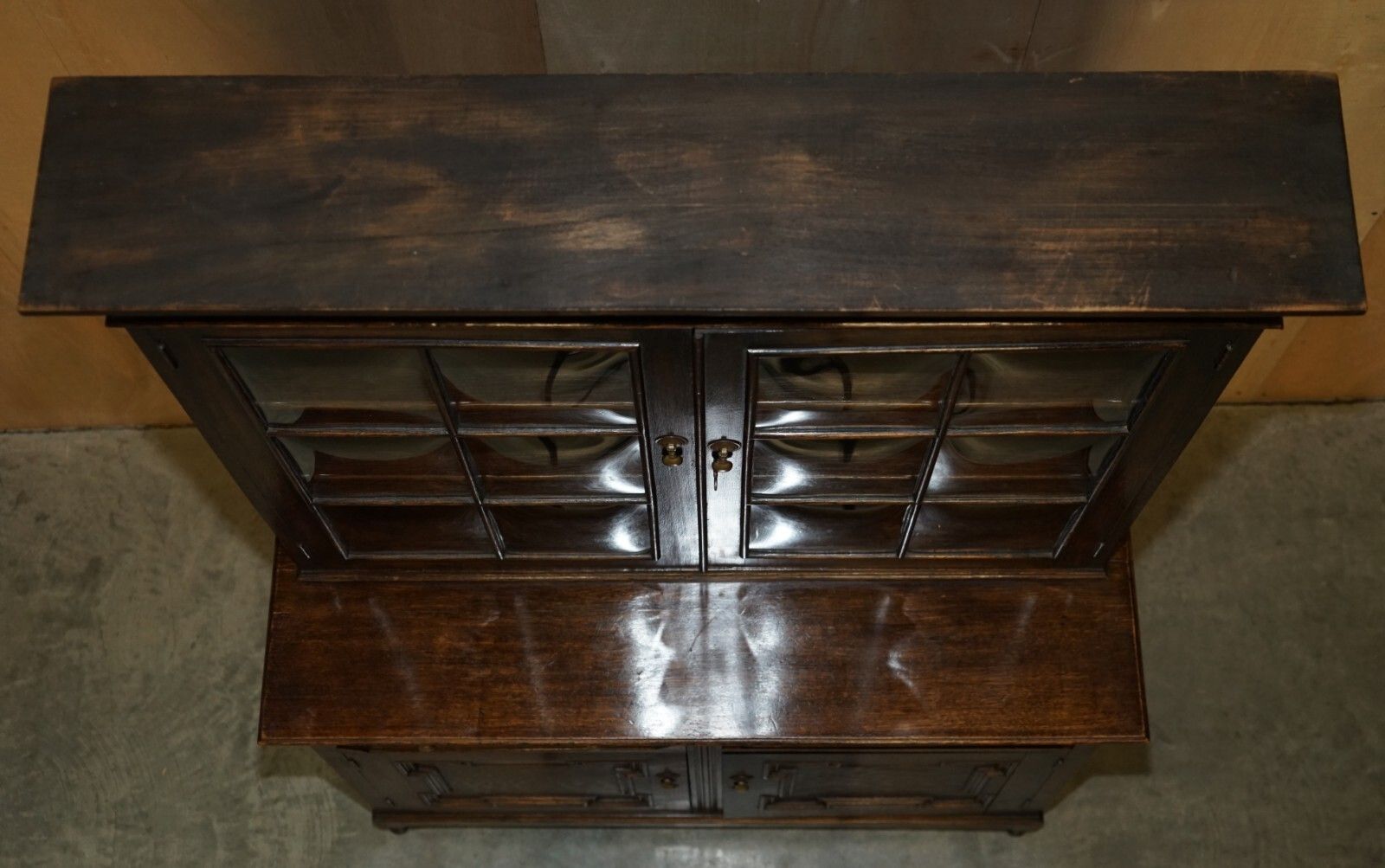 1950.0 Vintage Jacobean Revival English Carved Oak Library Bookcase Dresser Cupboard photo