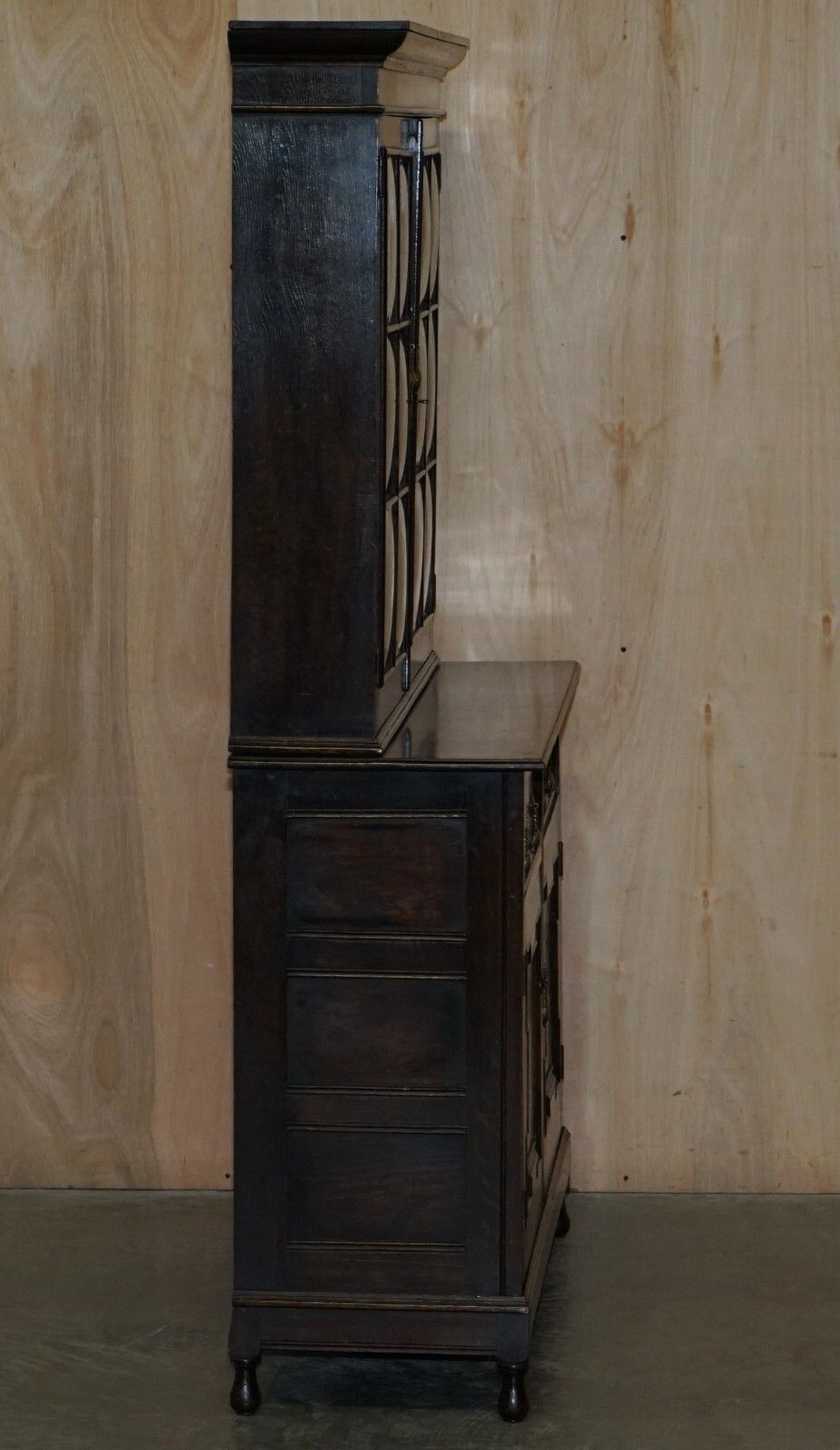photo vinterior Vintage Jacobean Revival English Carved Oak Library Bookcase Dresser Cupboard
