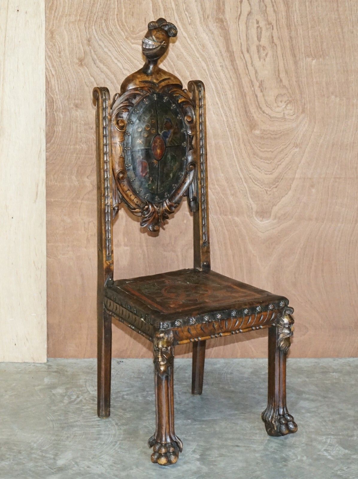 Antique Hand Carved High Back Chair Embossed Painted Armorial Crest Coat Of Arms photo furniture