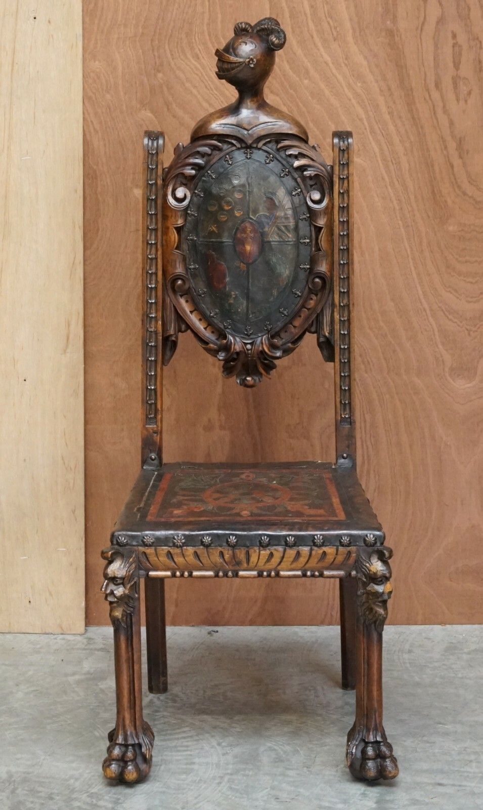 Antique Hand Carved High Back Chair Embossed Painted Armorial Crest Coat Of Arms photo for sale