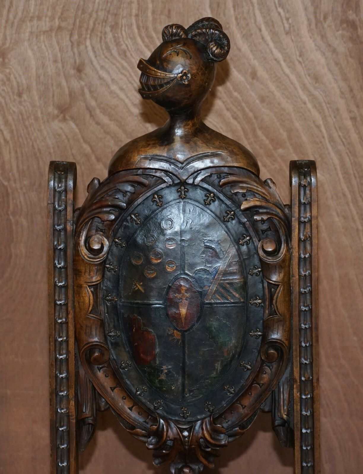 Antique Hand Carved High Back Chair Embossed Painted Armorial Crest Coat Of Arms photo Furniture