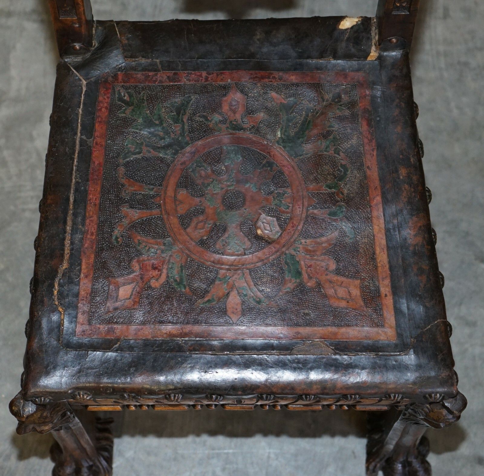 Antique Hand Carved High Back Chair Embossed Painted Armorial Crest Coat Of Arms photo vintage