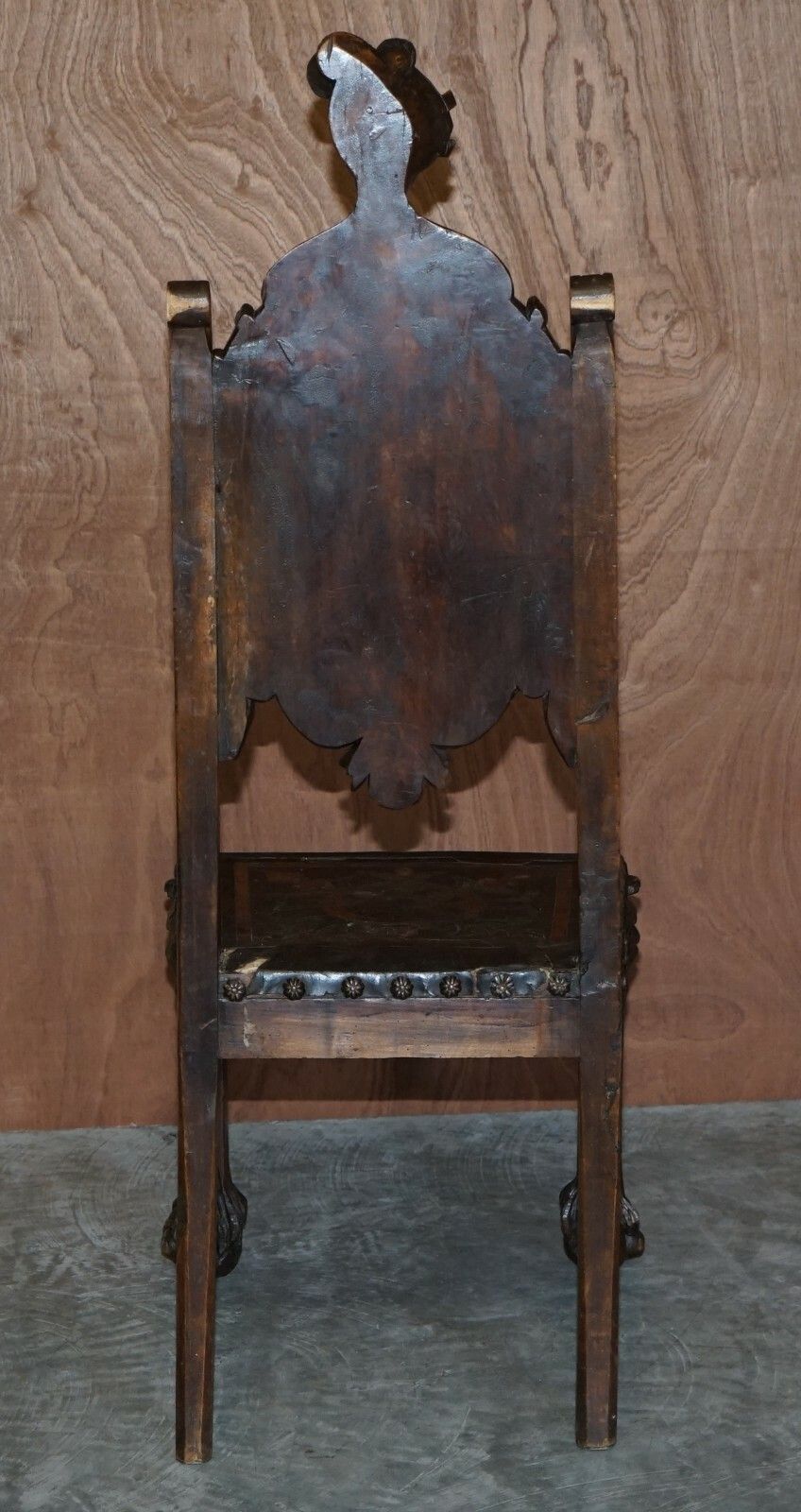 1950.0 Antique Hand Carved High Back Chair Embossed Painted Armorial Crest Coat Of Arms photo