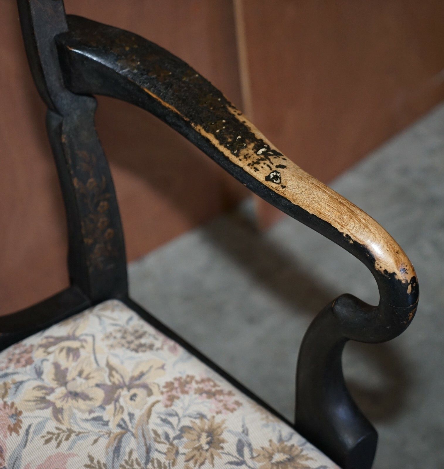 Antique Georgian Chinoiserie Black Lacquer Armchair Original Paint Well Worn photo for sale