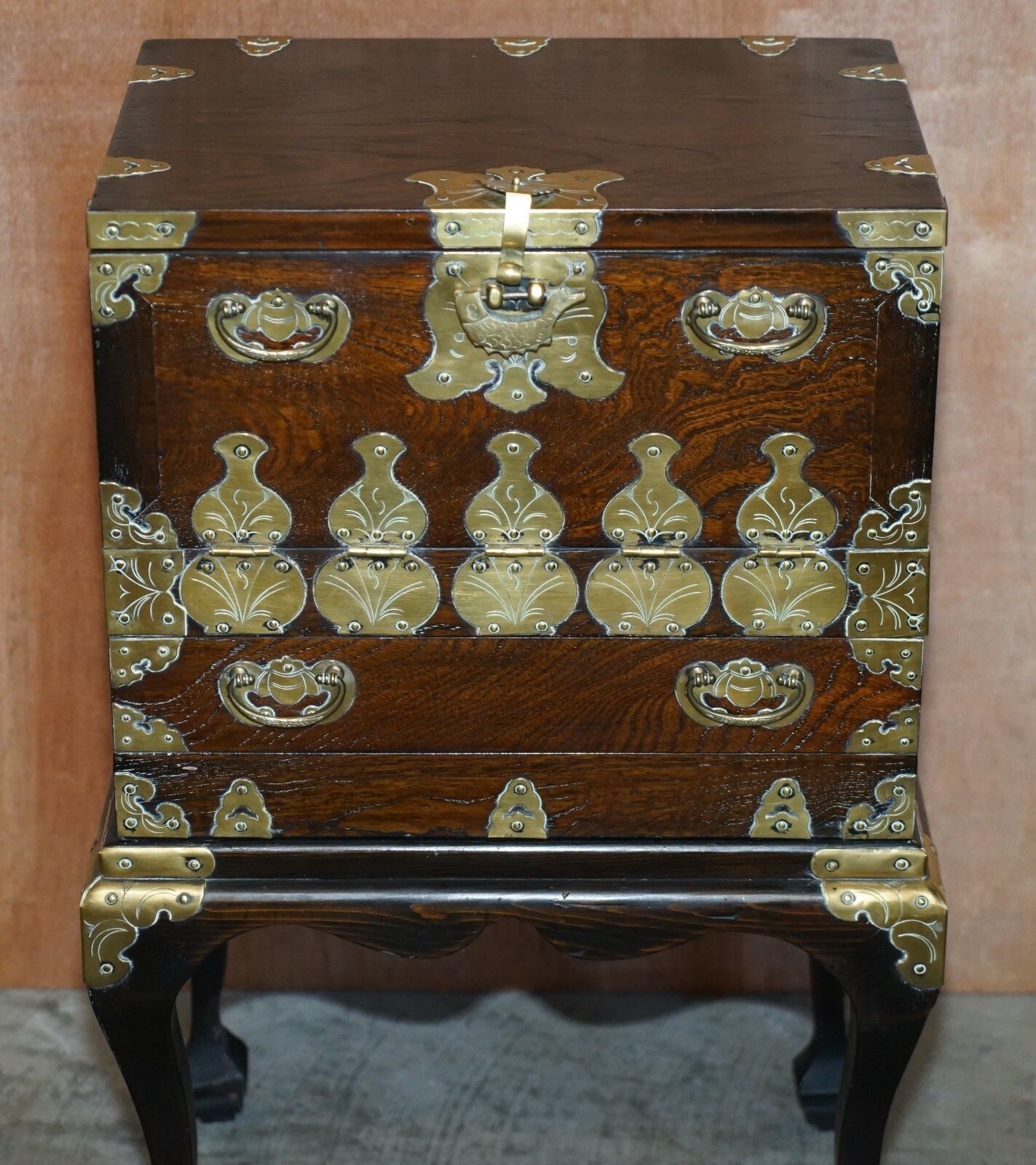 Antique Japanese 1880 Elm Side Table On Stand With Ornate Cast Brass Fixtures photo for sale