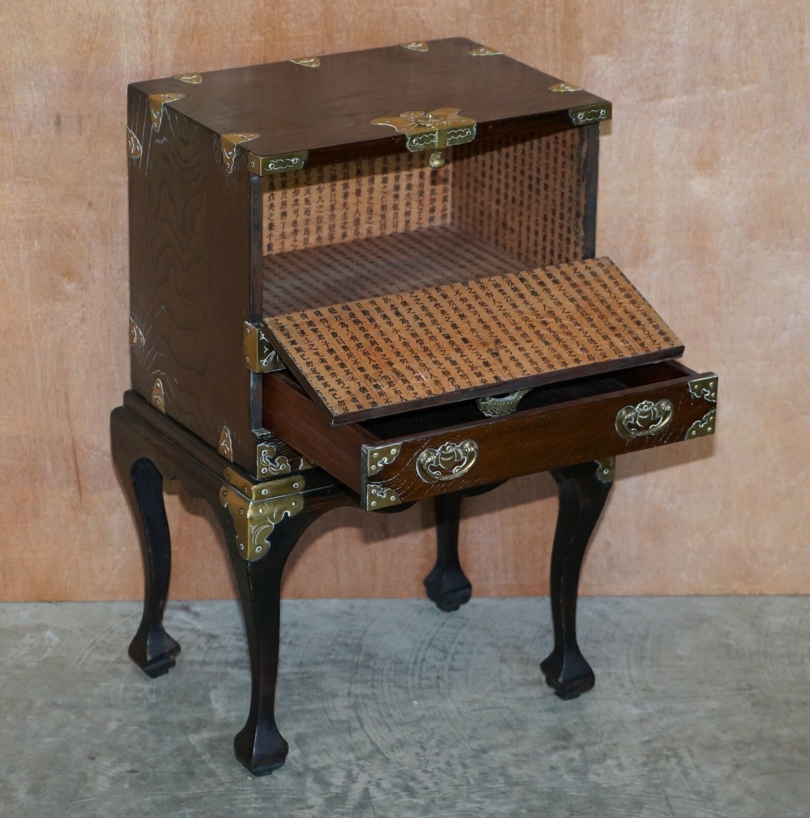 photo for sale Antique Japanese 1880 Elm Side Table On Stand With Ornate Cast Brass Fixtures