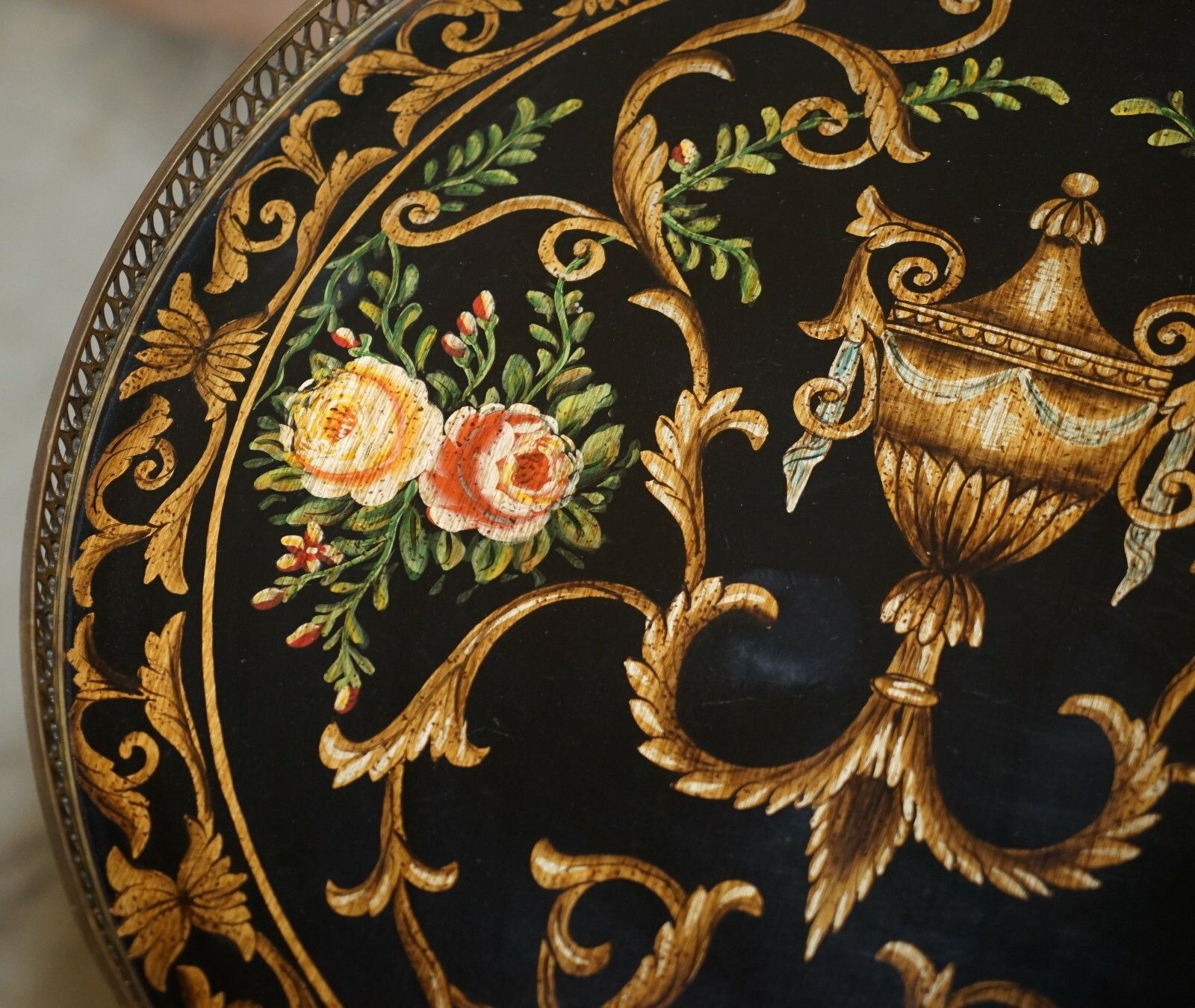 Pair Of Hand Painted Vintage Tilt Top Side Lamp Tables With Brass Gallery Rails photo vinterior