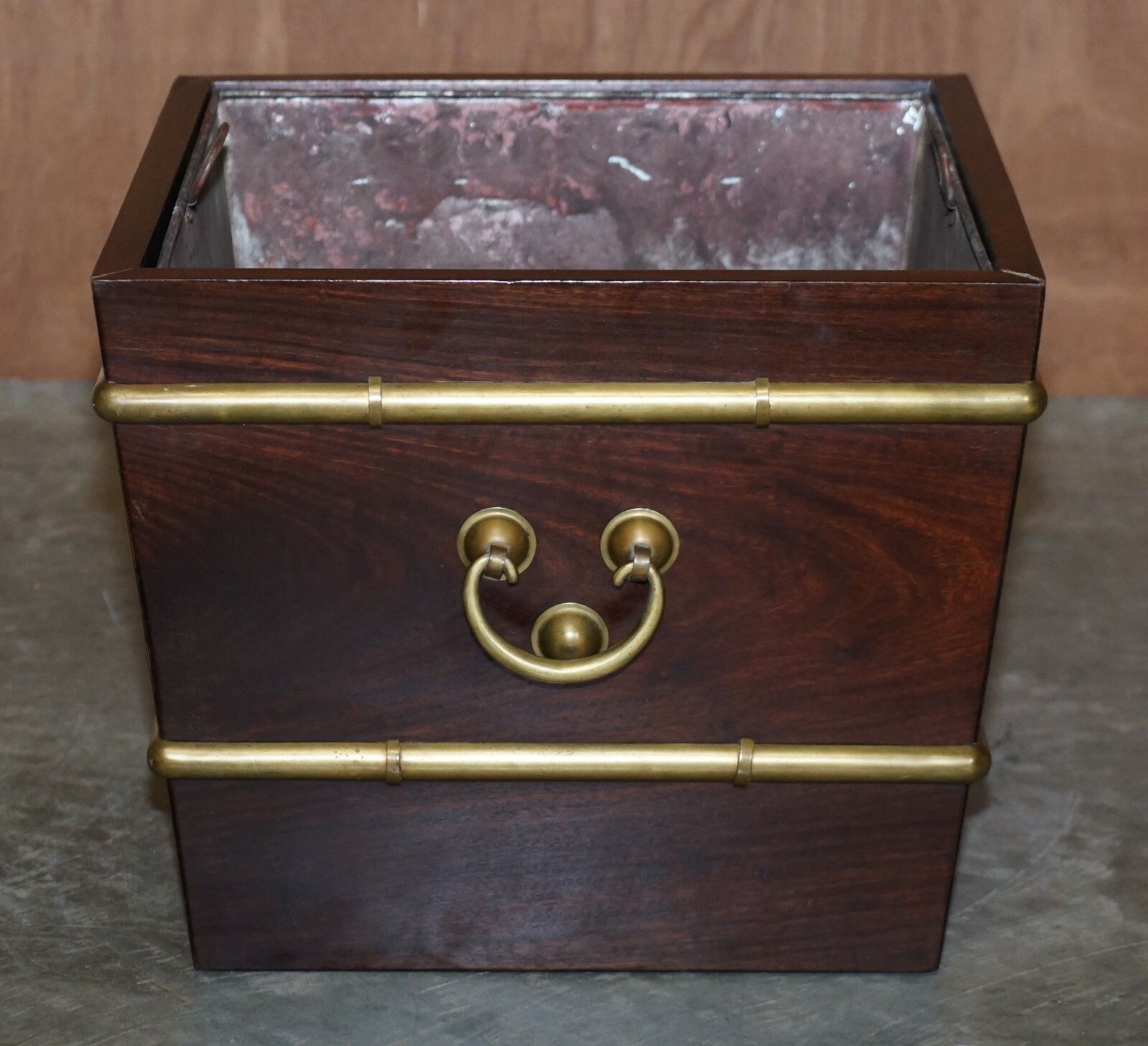 Antique Georgian Mahogany & Brass Wine Bucket With Military Campaign Handles photo for sale