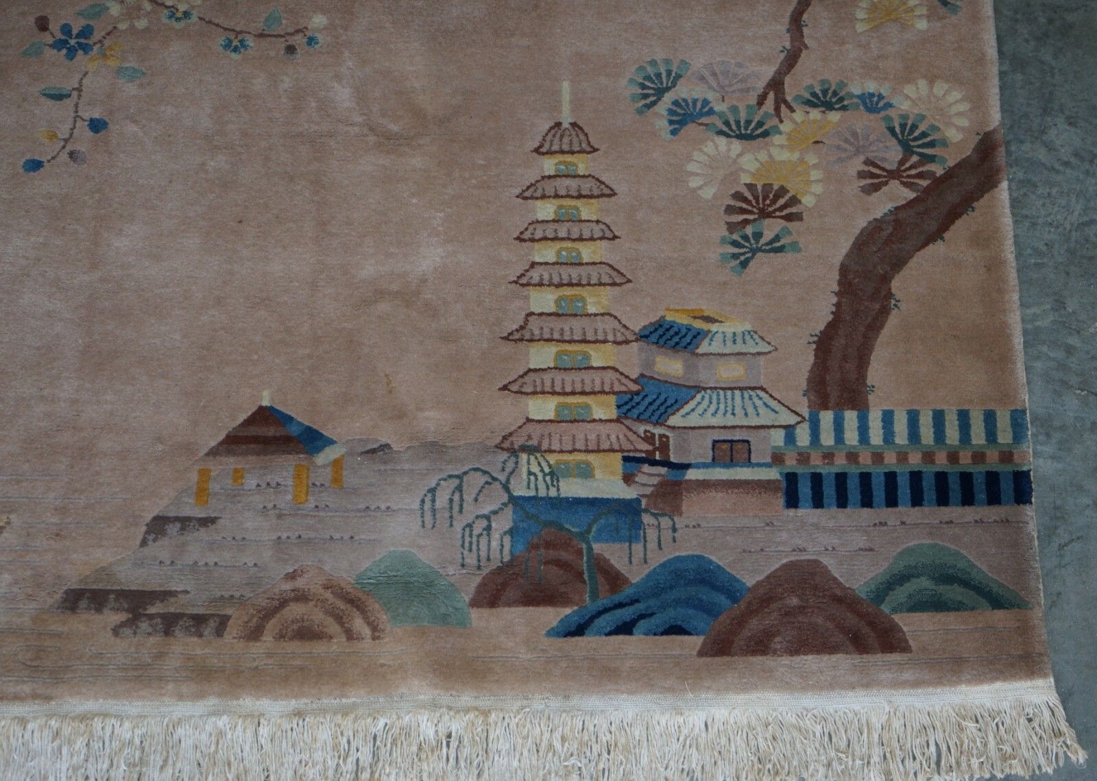 Antique Chinese Thick Knotted Wool Rug With Pagoda Temple And Floral Trees photo furniture