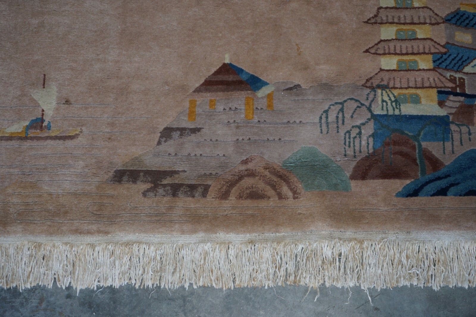 Antique Chinese Thick Knotted Wool Rug With Pagoda Temple And Floral Trees photo Textiles