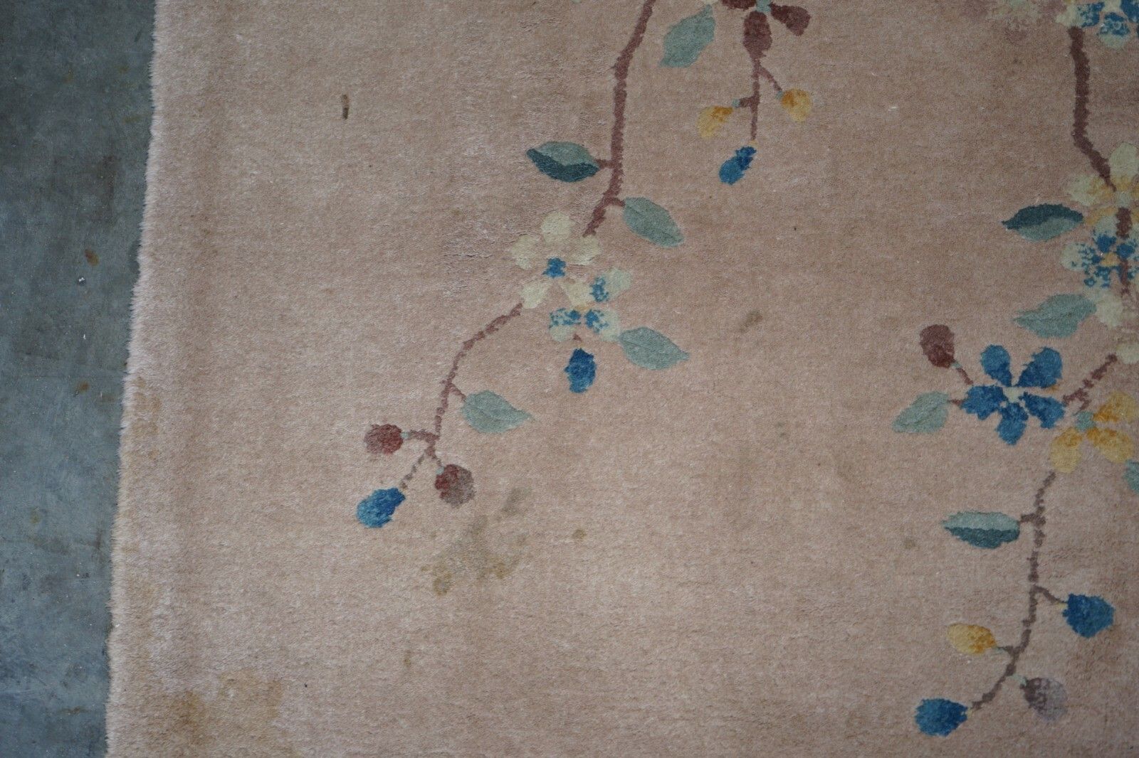 photo for sale Antique Chinese Thick Knotted Wool Rug With Pagoda Temple And Floral Trees