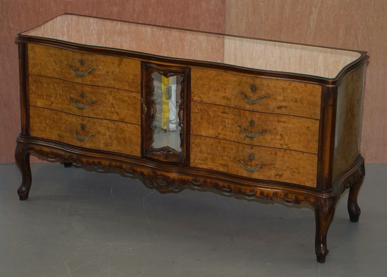 Sublime Vintage Italian Burr Walnut Serpentine Fronted Sideboard Mirrored Top photo Furniture