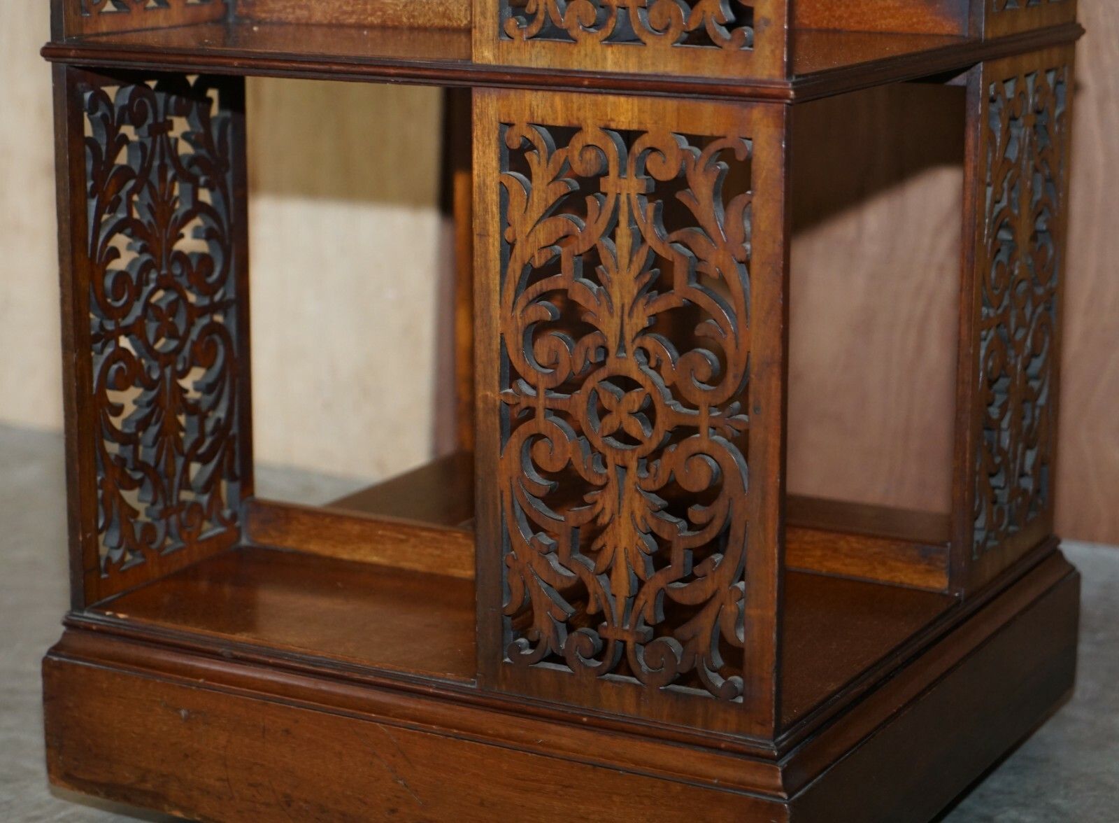 photo for sale Sublime Antique Victorian Fret Work Carved Walnut & Mahogany Revolving Bookcases