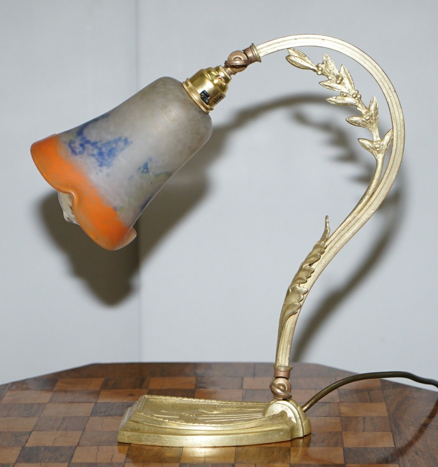 Stunning Circa 1930 Charles Schneider Gold Gilt Bronze Table Lamp Glass Shade photo buy