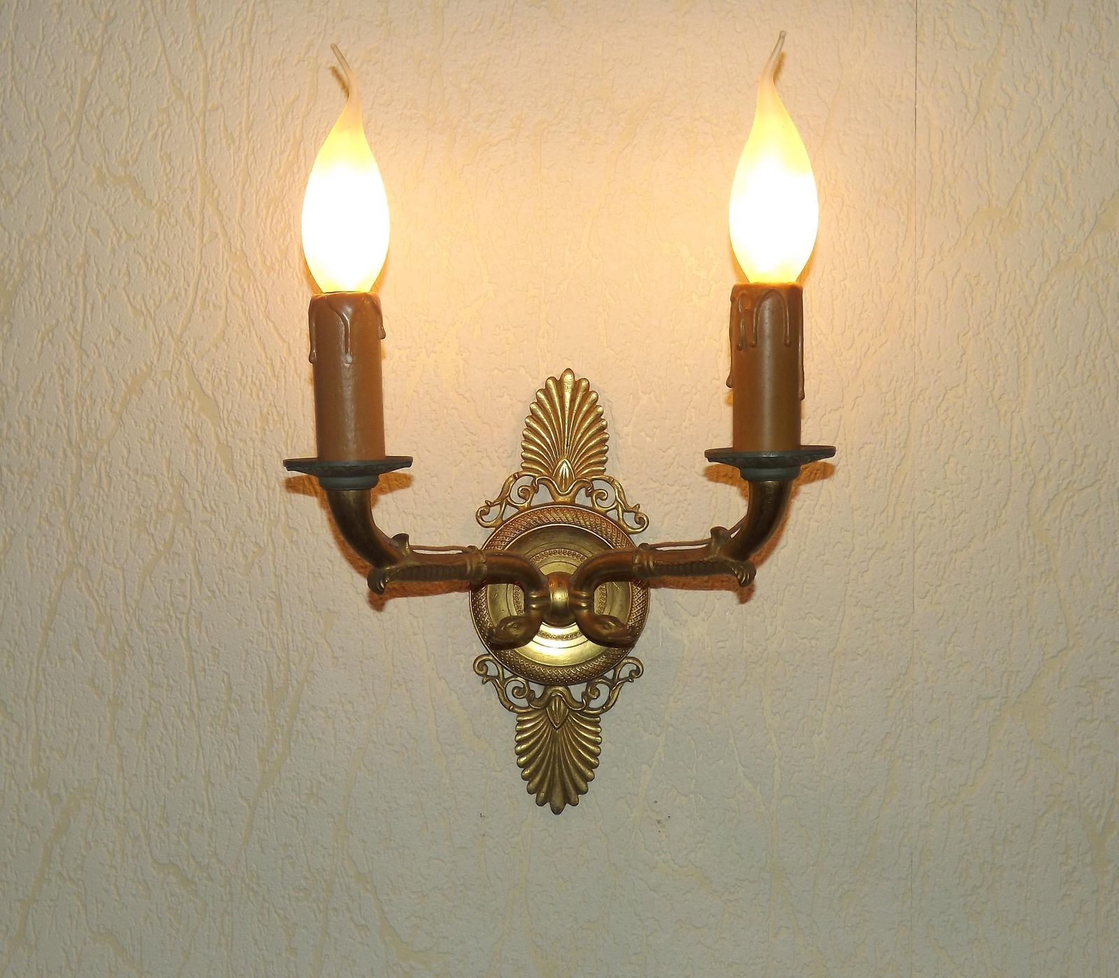 French Antique Bronze Empire Double Wall Light With Fan & Swan Detail   French Antique Lighting. Empire Double Wall Sconce. Bronze Lighting.