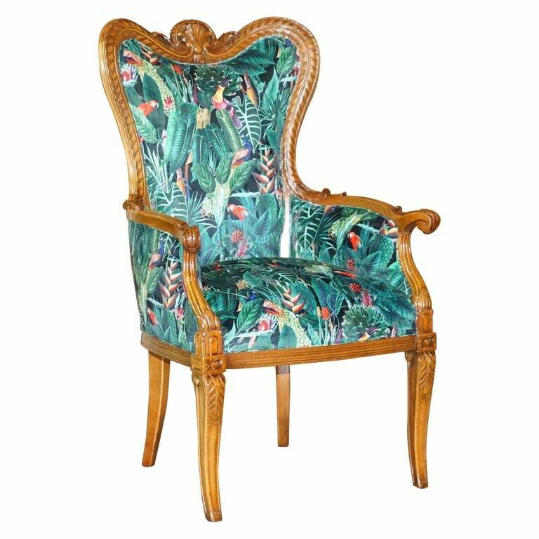 Lovely Vintage Italian Carved Walnut Armchair With Birds Of Paradise Upholstery