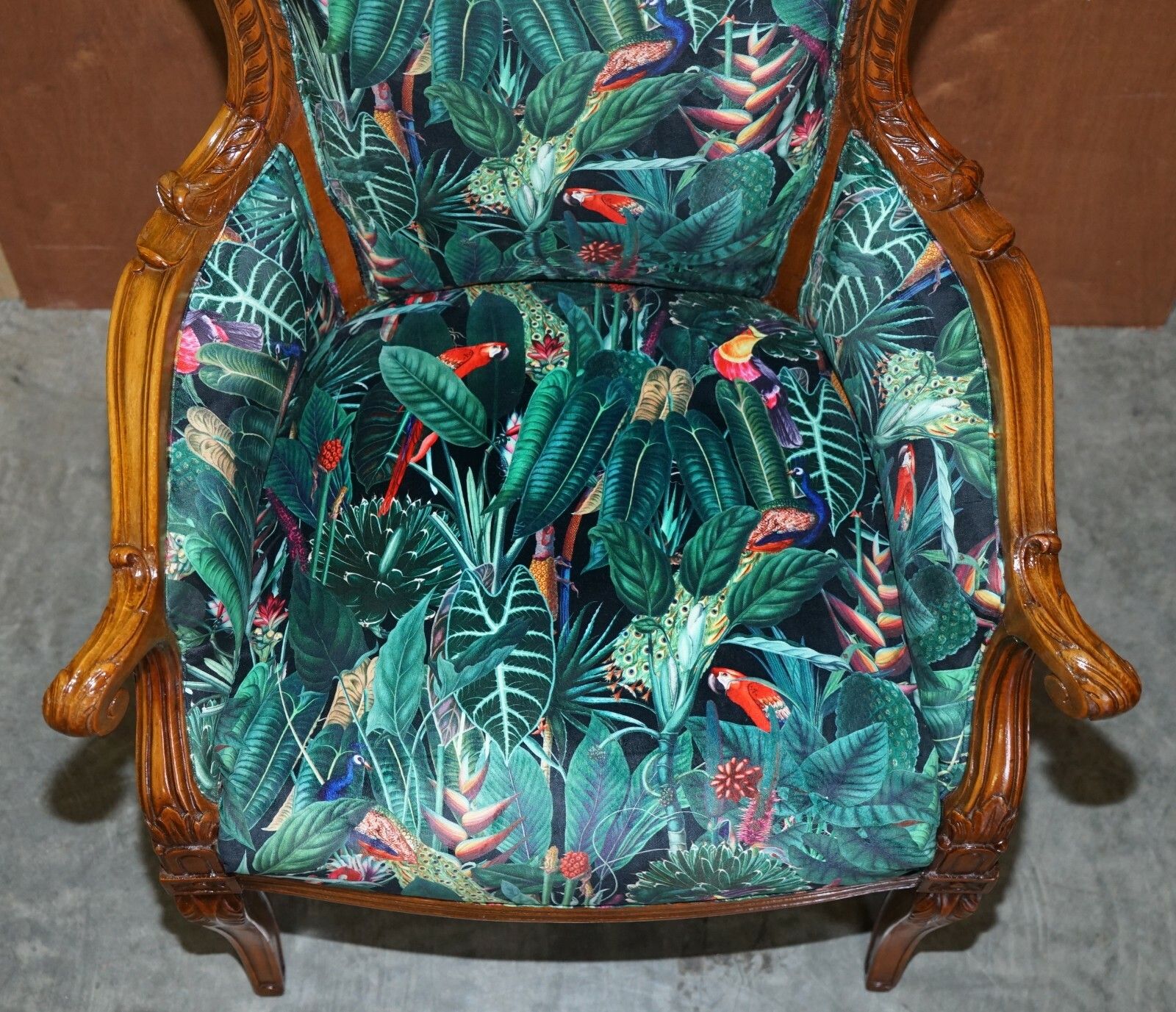 Lovely Vintage Italian Carved Walnut Armchair With Birds Of Paradise Upholstery photo Furniture