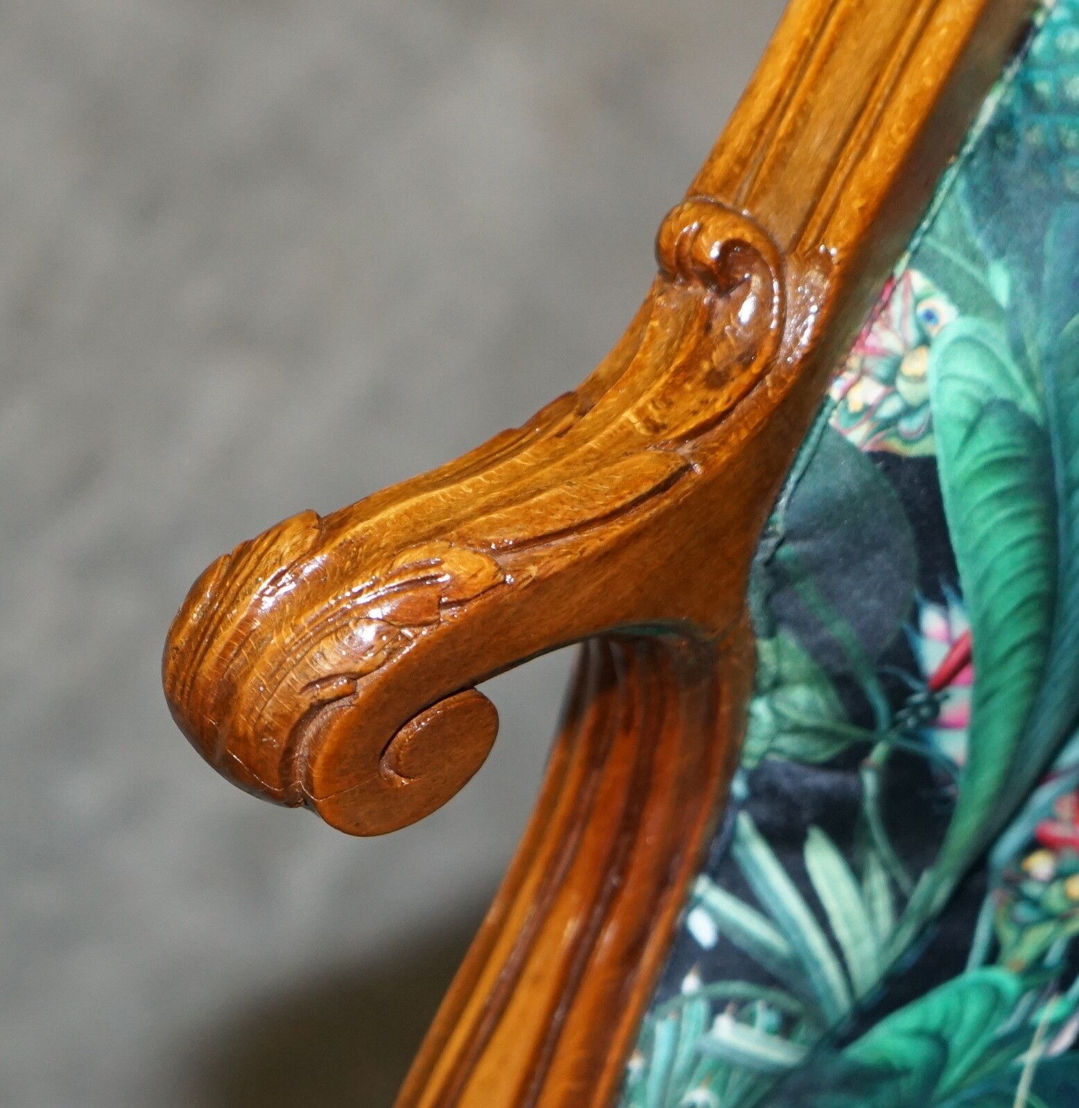photo furniture Lovely Vintage Italian Carved Walnut Armchair With Birds Of Paradise Upholstery