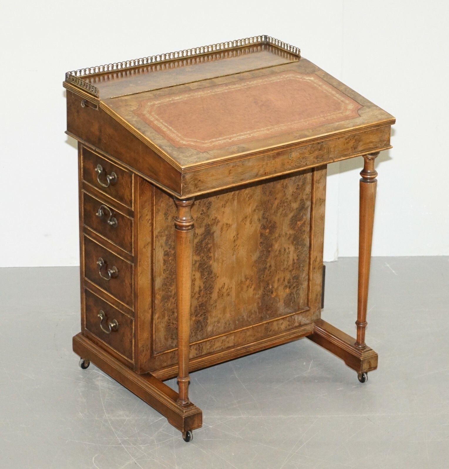 Vintage Burr Walnut, Leather & Brass Galery Rail Davenport Desk Workstation photo Furniture