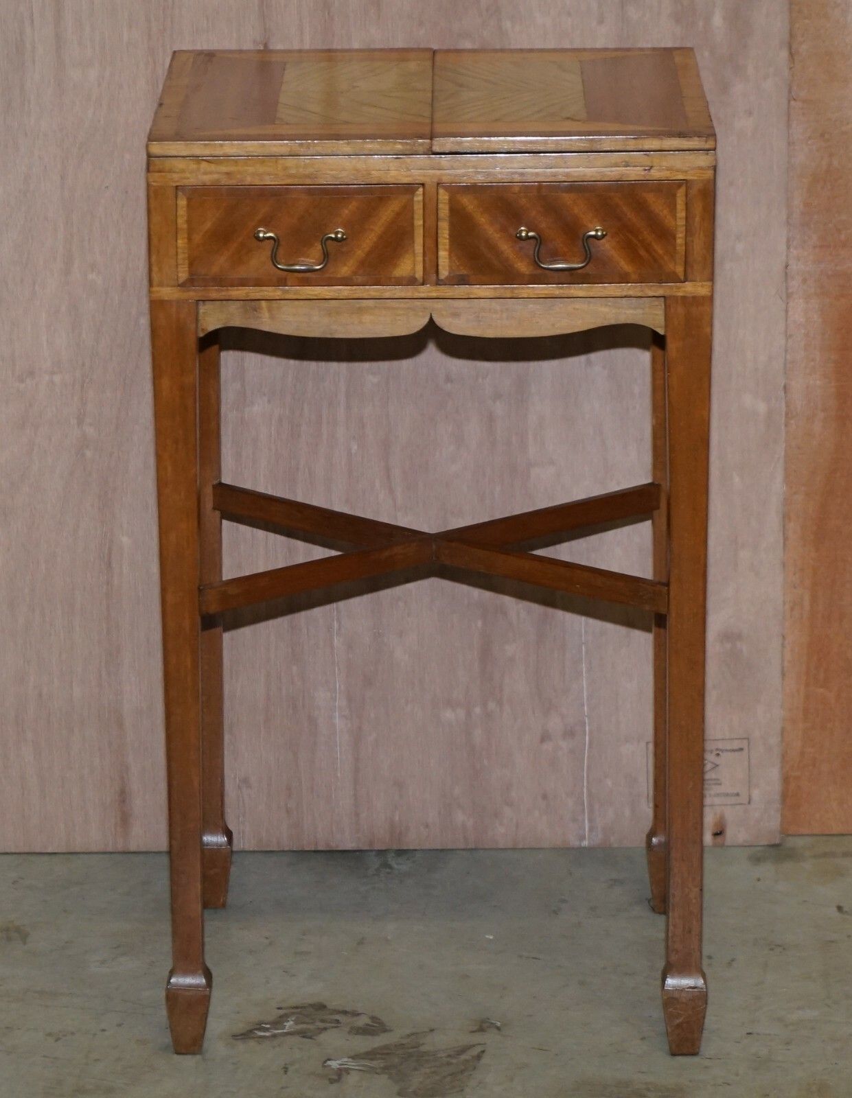 Vintage Walnut Satinwood Games Card Side Table, Fold Out Chess Board & Drawers photo for sale