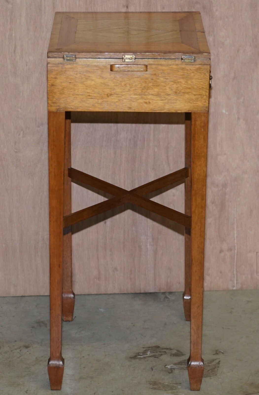 Vintage Walnut Satinwood Games Card Side Table, Fold Out Chess Board & Drawers photo vintage