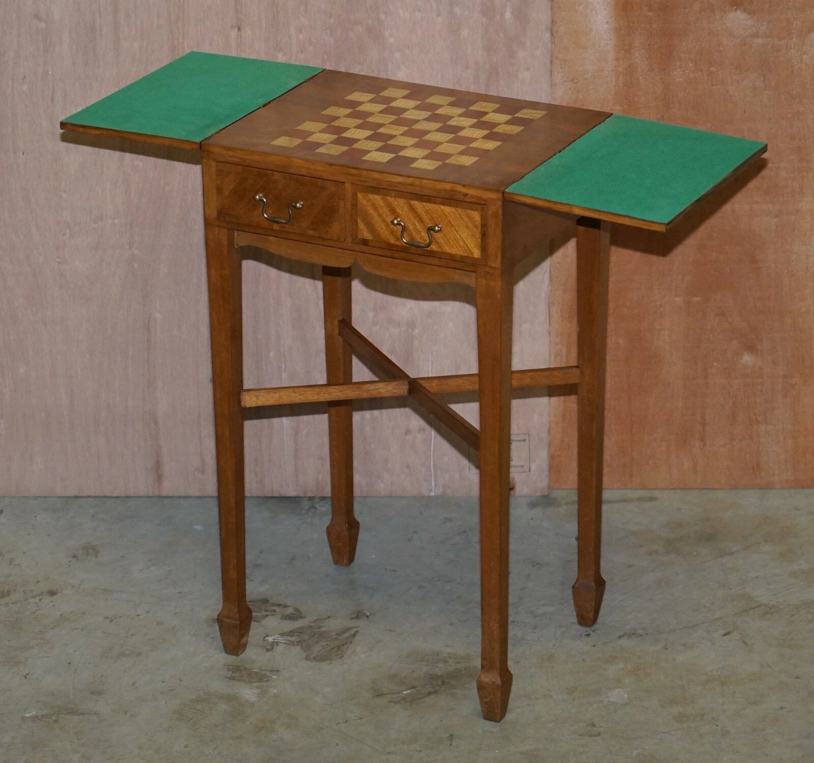 photo furniture Vintage Walnut Satinwood Games Card Side Table, Fold Out Chess Board & Drawers