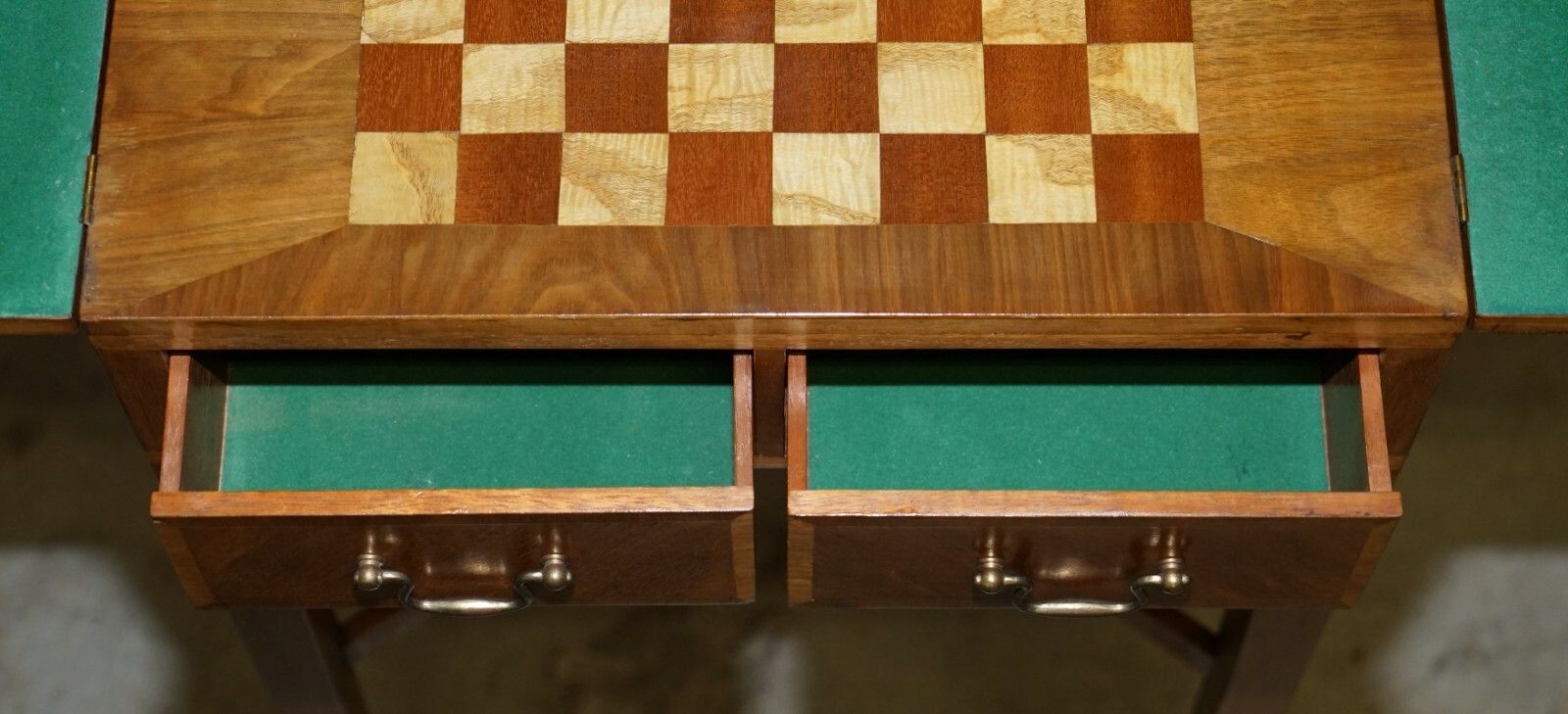 1850.0 Vintage Walnut Satinwood Games Card Side Table, Fold Out Chess Board & Drawers photo