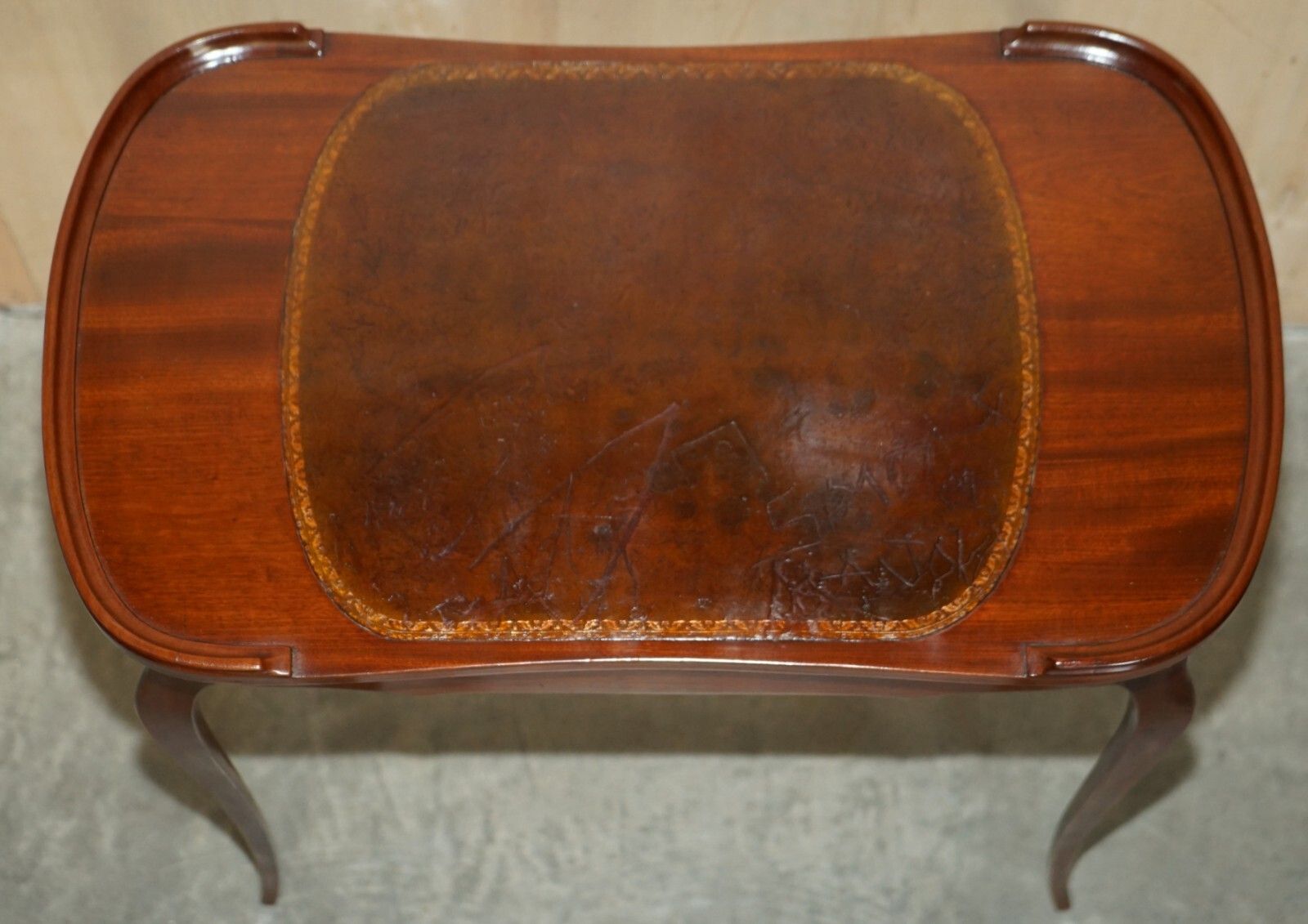 Restored Antique Kidney Shaped Occasional Table With Drawers Brown Leather Top photo buy